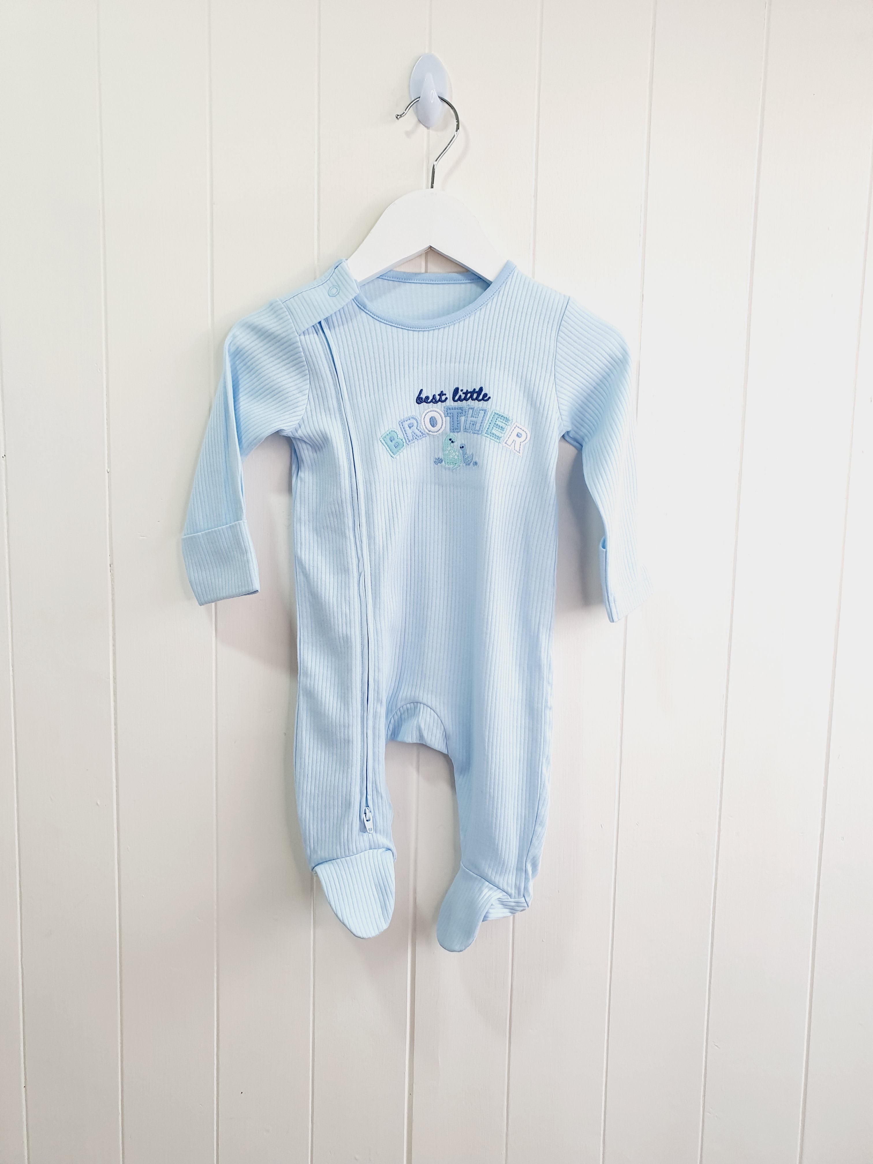 Little Nutmeg light blue 'best little brother' zip up sleepsuit 0-3 months
