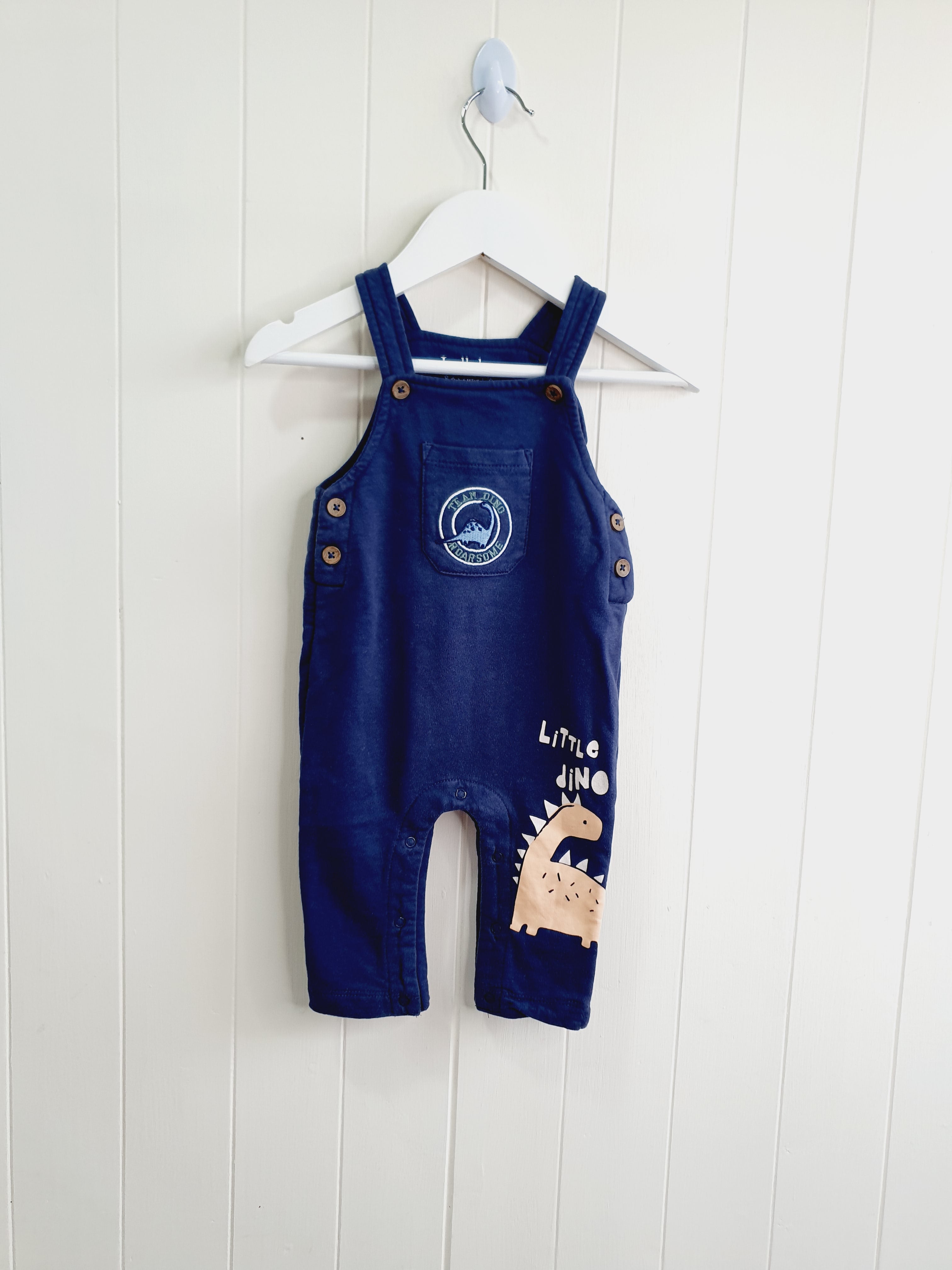 Lullaby Peacocks little dino boys navy dungaree 3-6 months