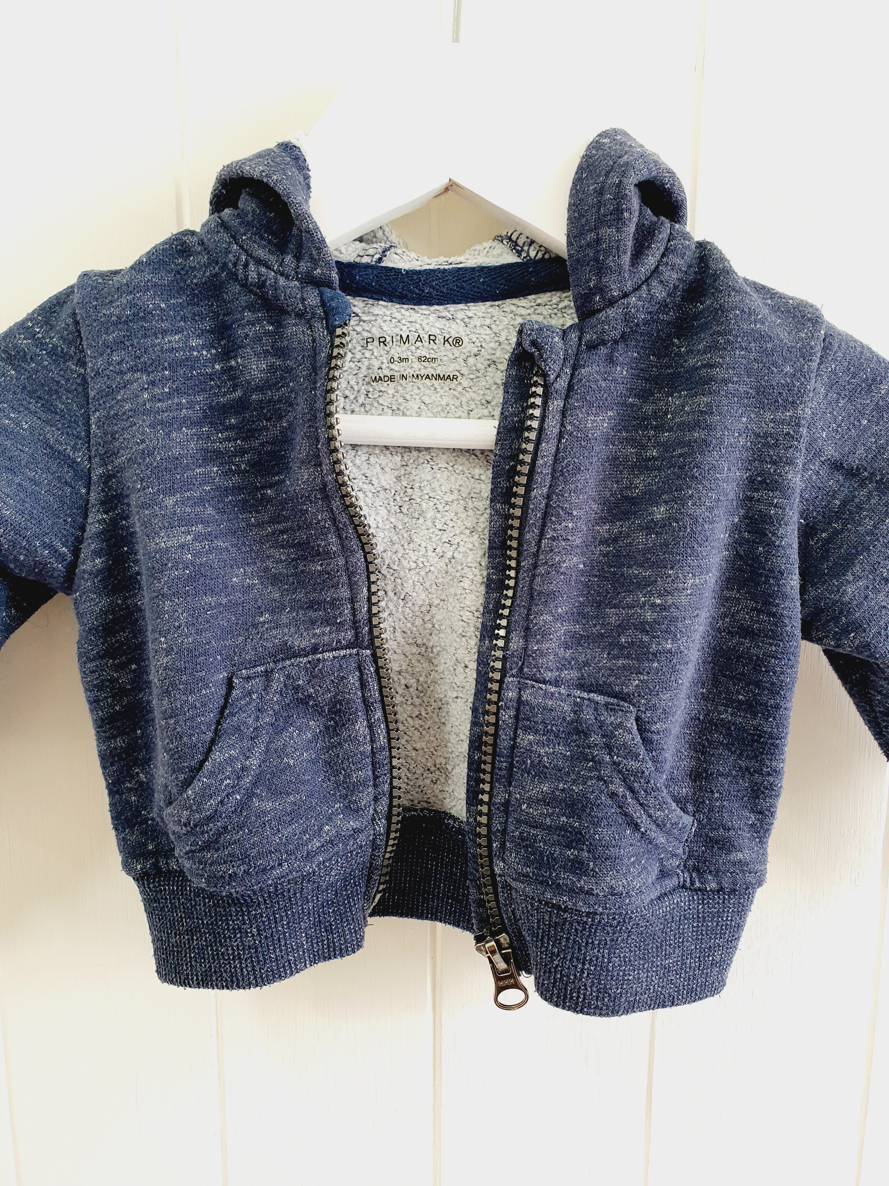 Primark zip up hooded navy jumper 0-3 months