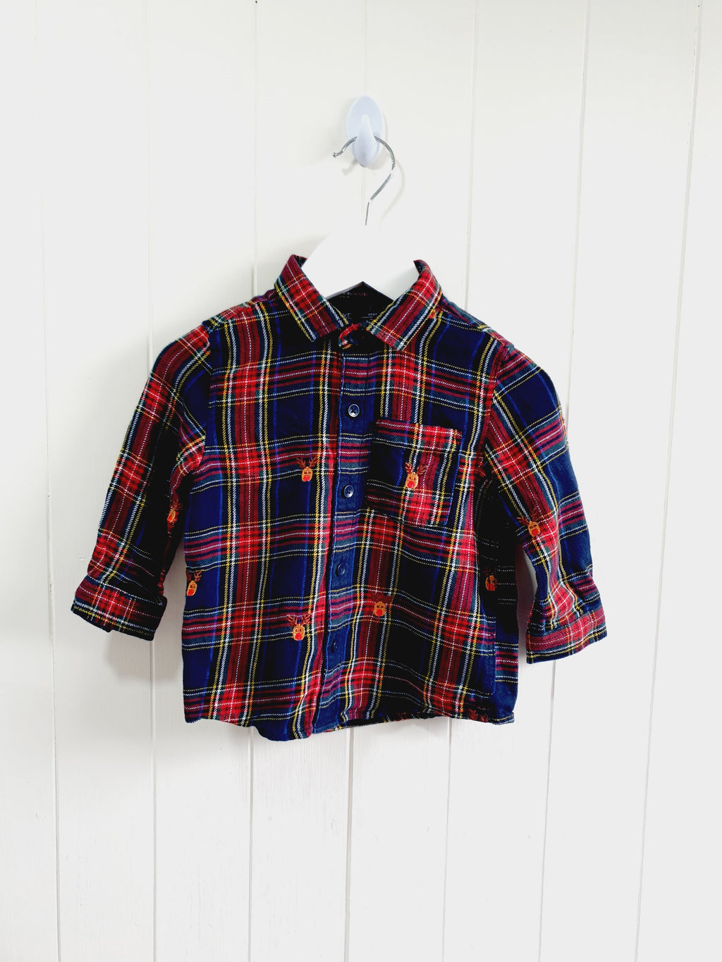 Next red and blue tartan plaid pattern shirt with embroidered deer 12-18 months