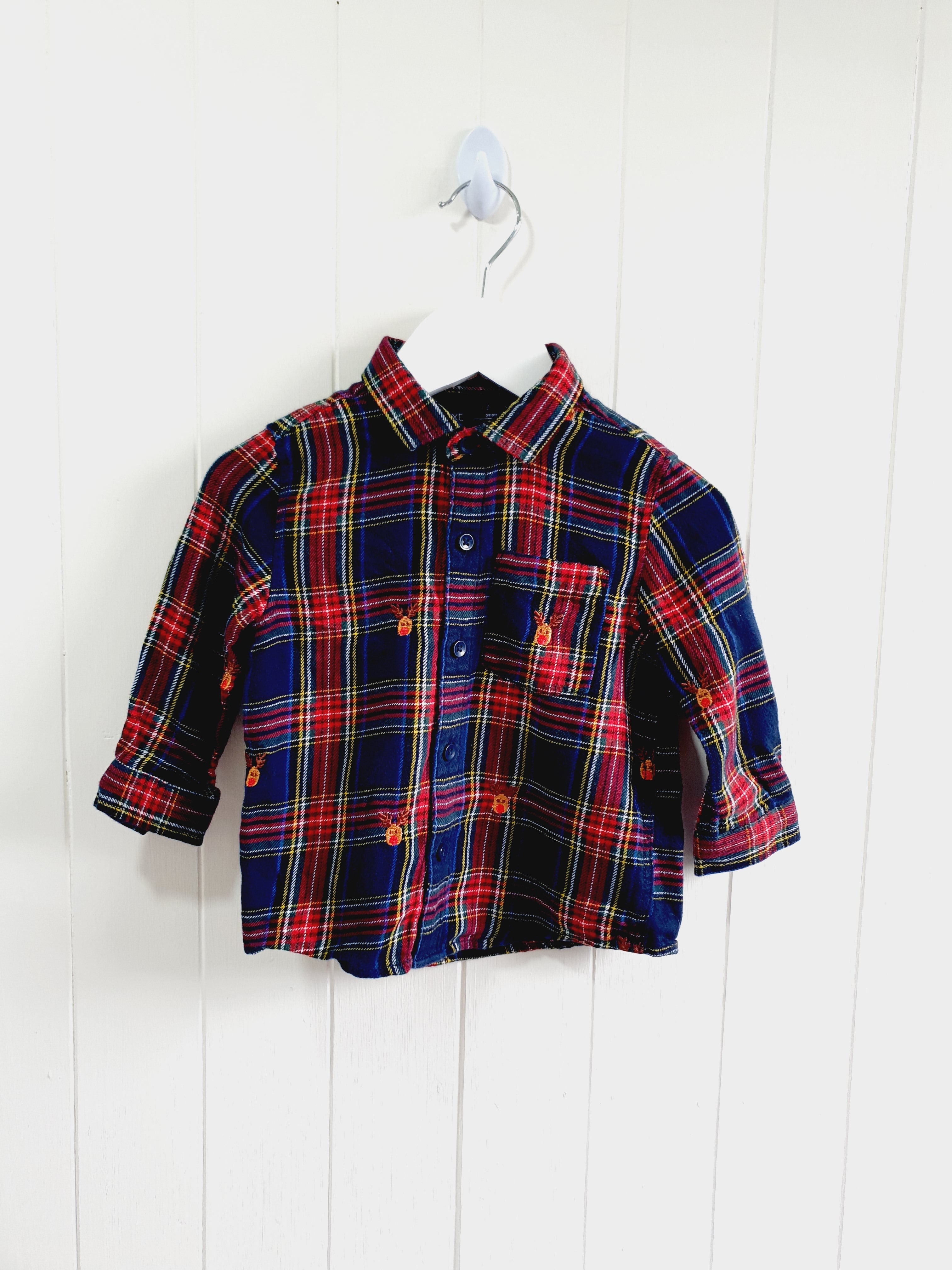 Next red and blue tartan plaid pattern shirt with embroidered deer 12-18 months