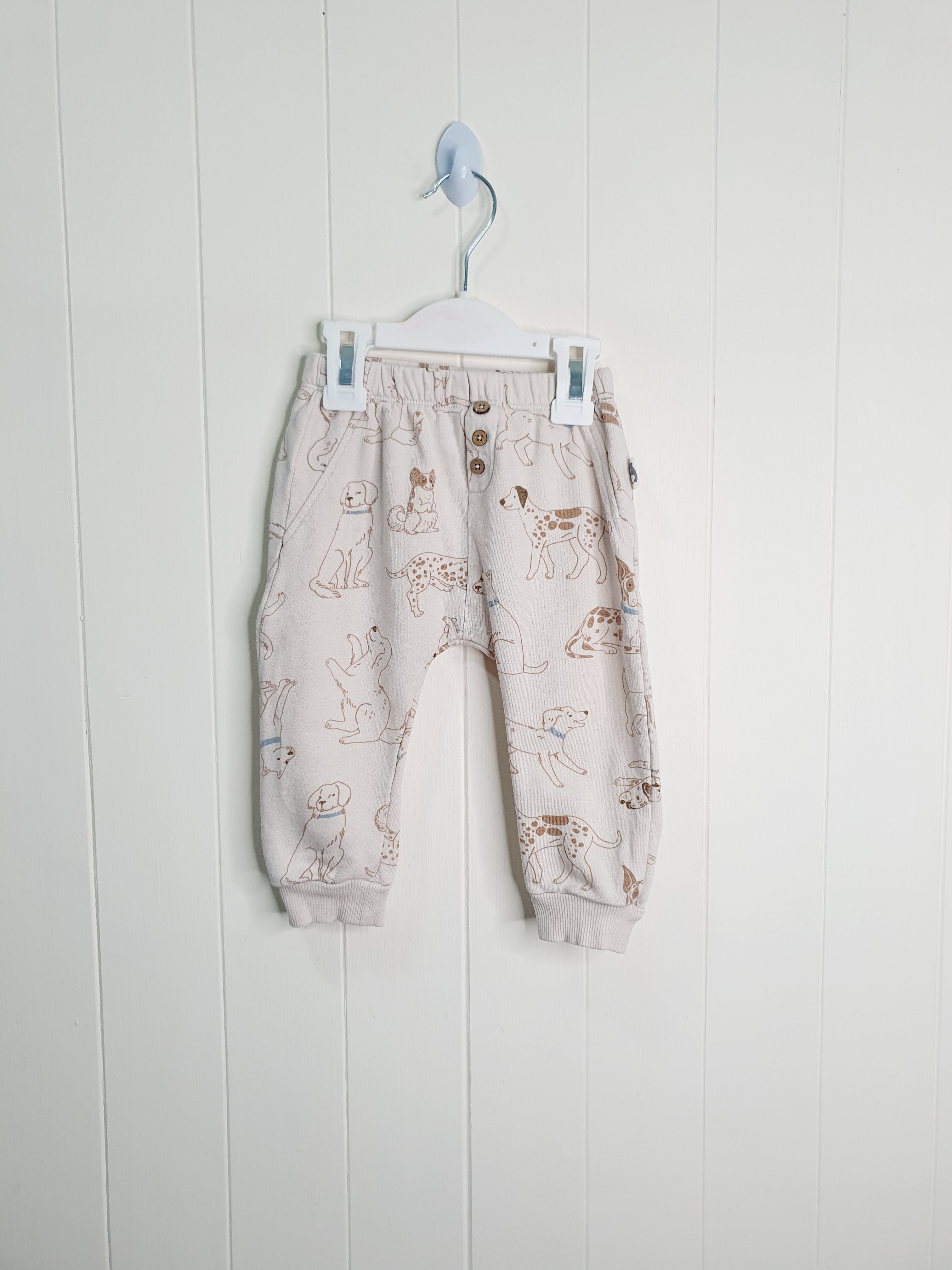 Rabbit+Bear dog print beige joggers 12 months