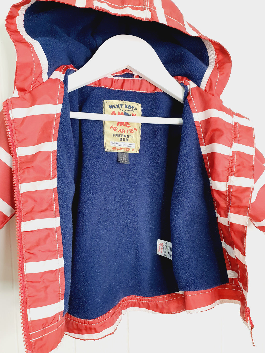 Next red and white stripy shower resistant wind proof jacket 6-9 months