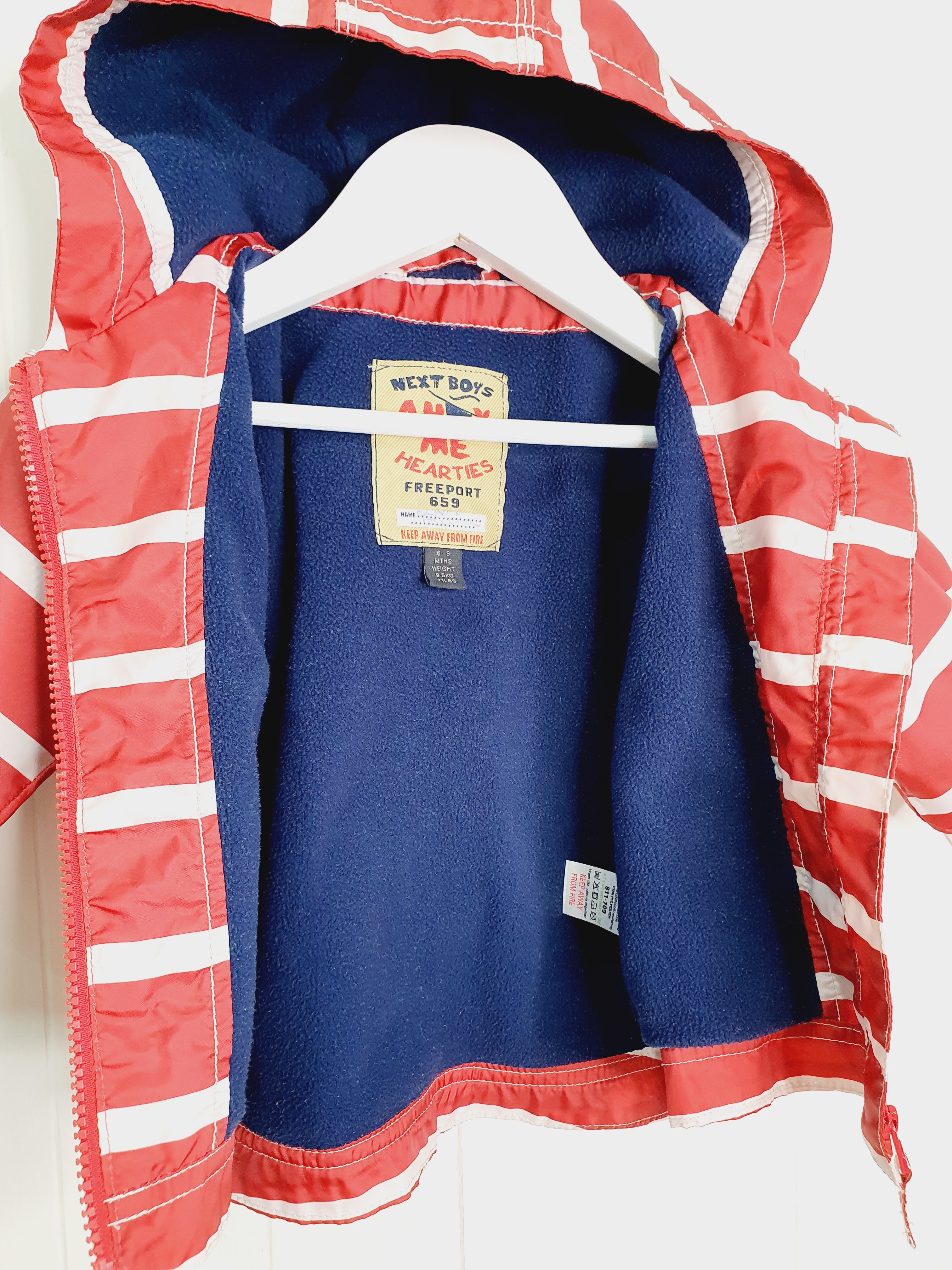 Next red and white stripy shower resistant wind proof jacket 6-9 months