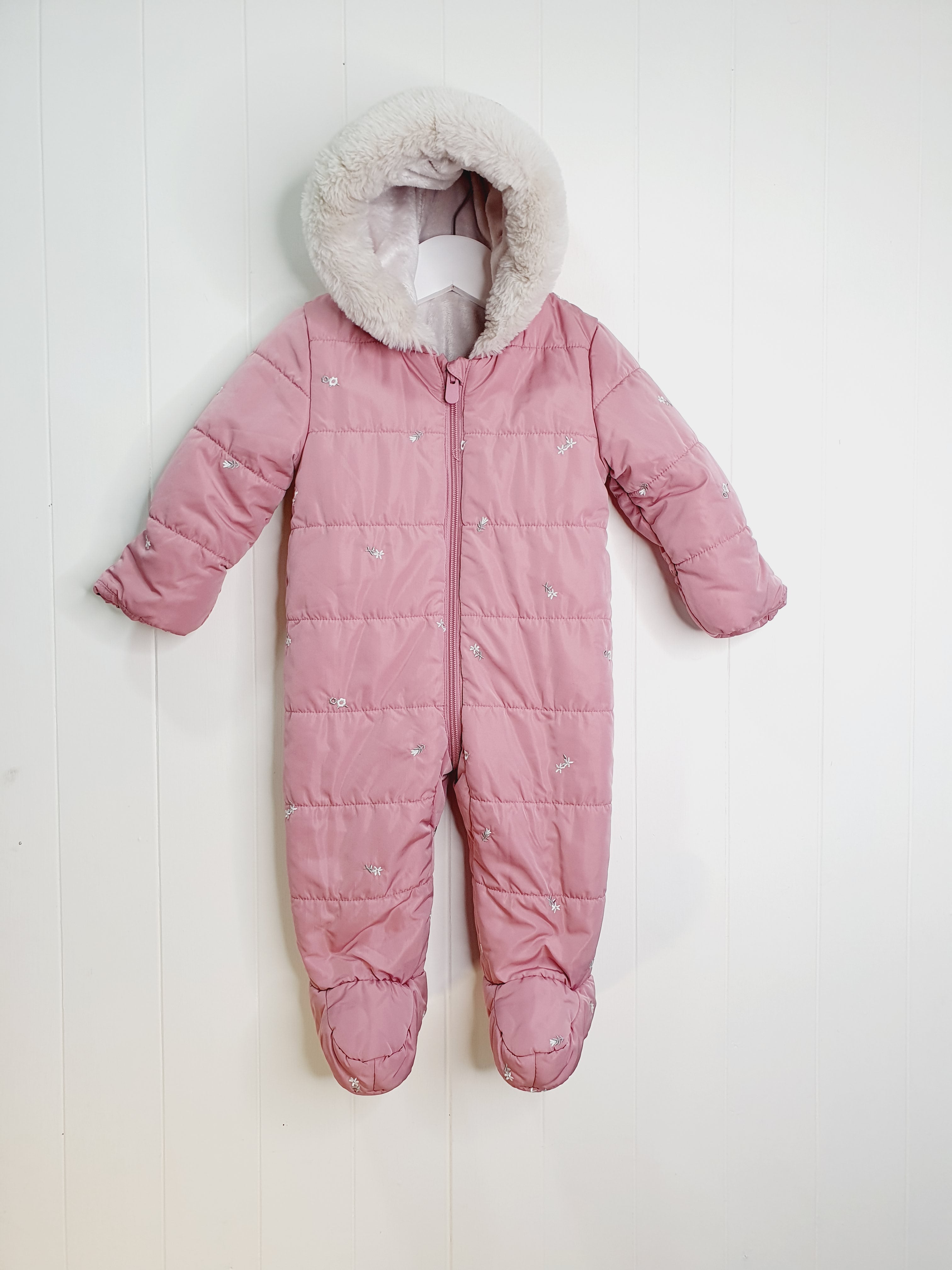 George Pink Embroidered Faux Fur Trim Padded Snowsuit 6-9 months