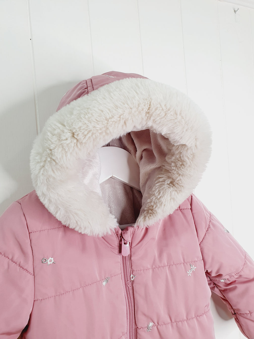 George Pink Embroidered Faux Fur Trim Padded Snowsuit 6-9 months