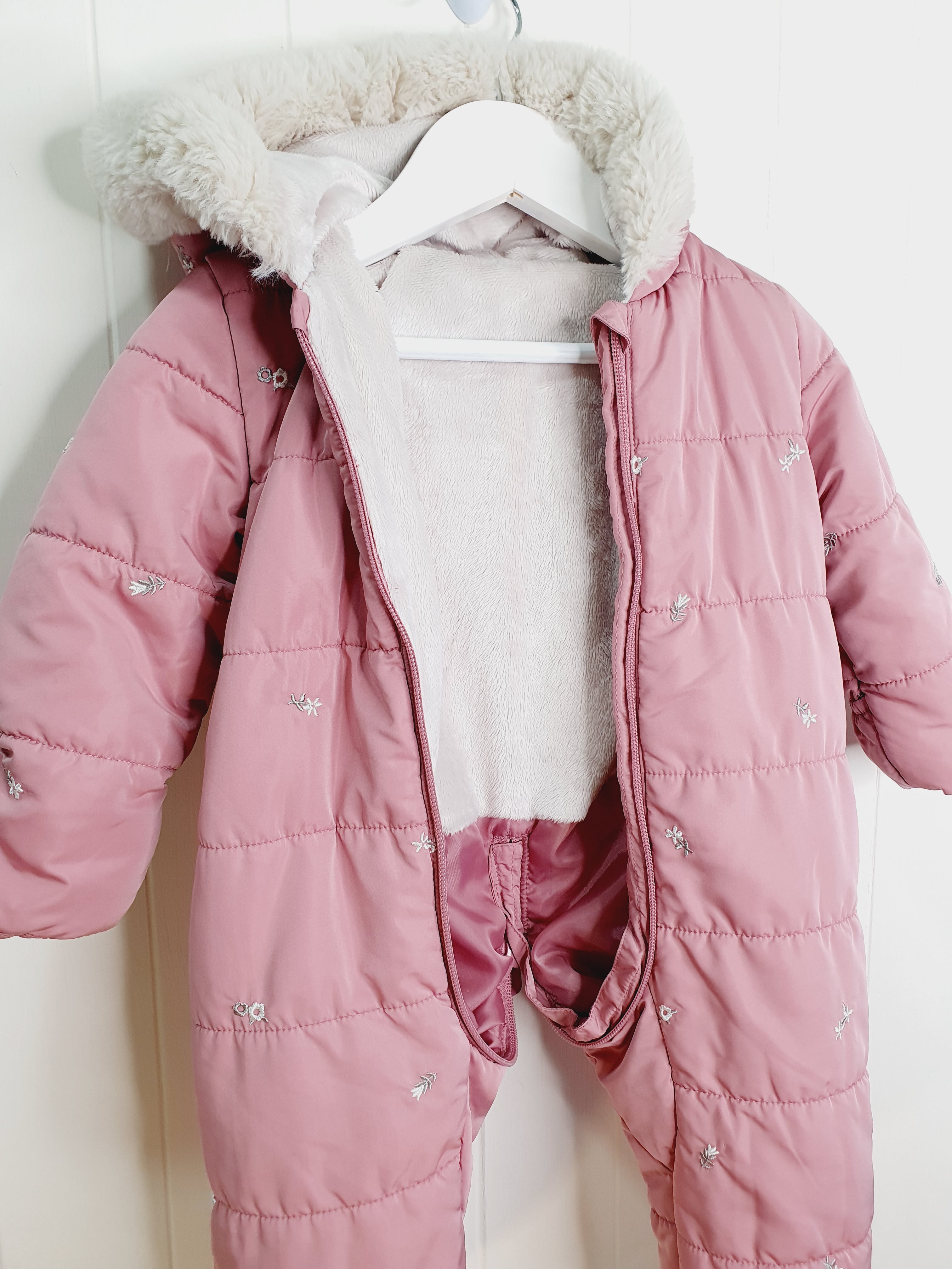 George Pink Embroidered Faux Fur Trim Padded Snowsuit 6-9 months