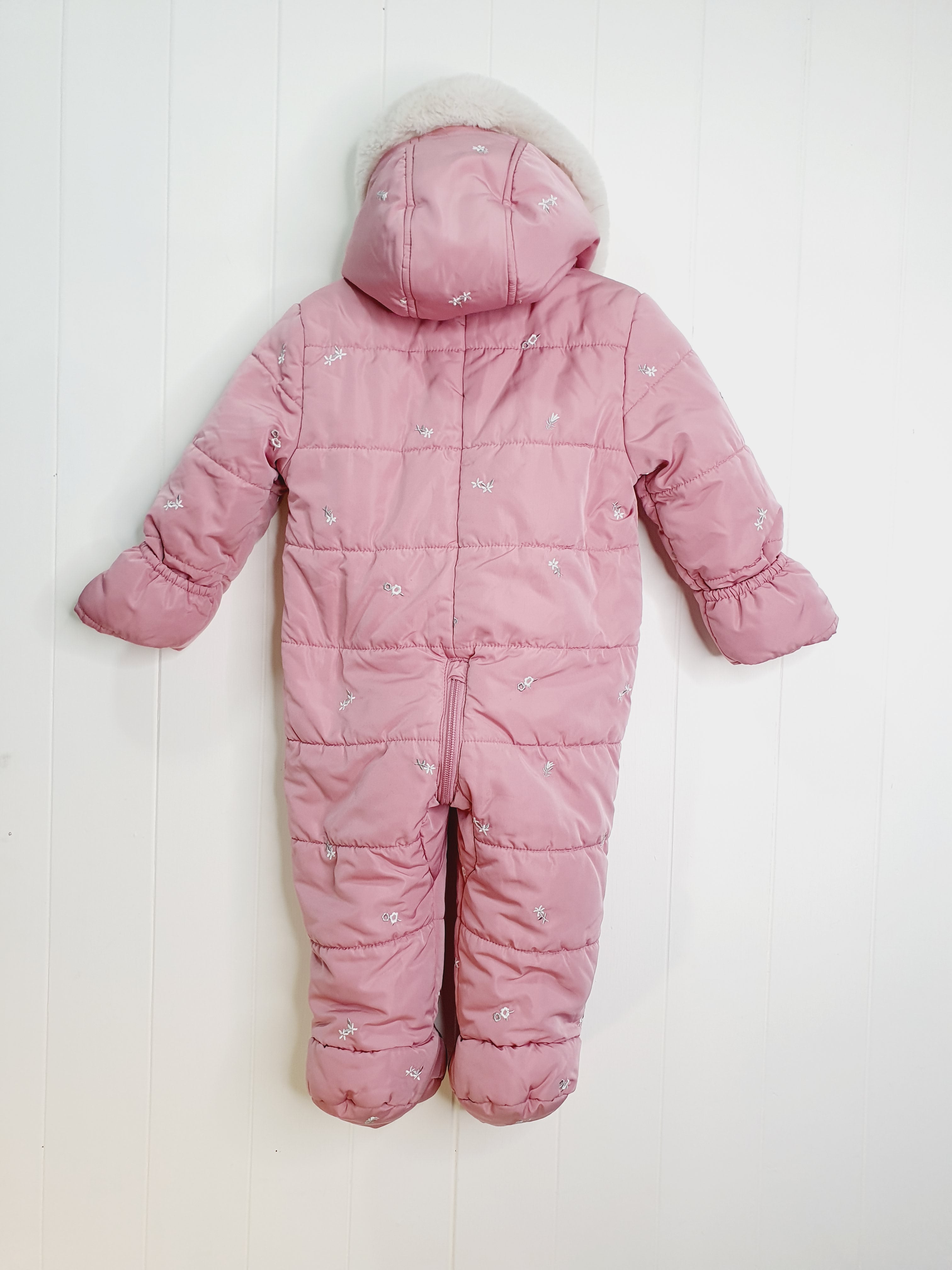 George Pink Embroidered Faux Fur Trim Padded Snowsuit 6-9 months