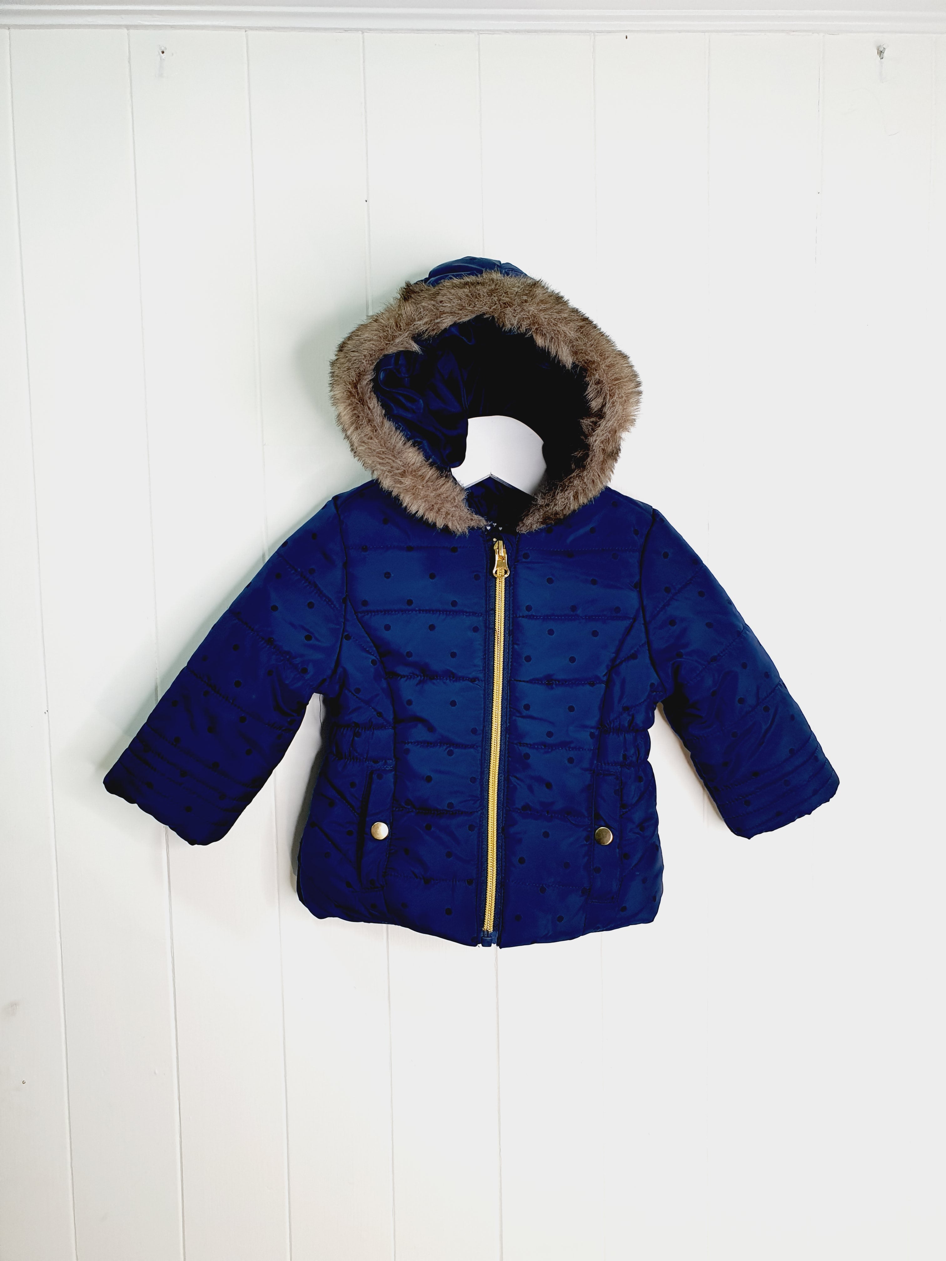 F&F girls navy polkadot coat 3-6 months