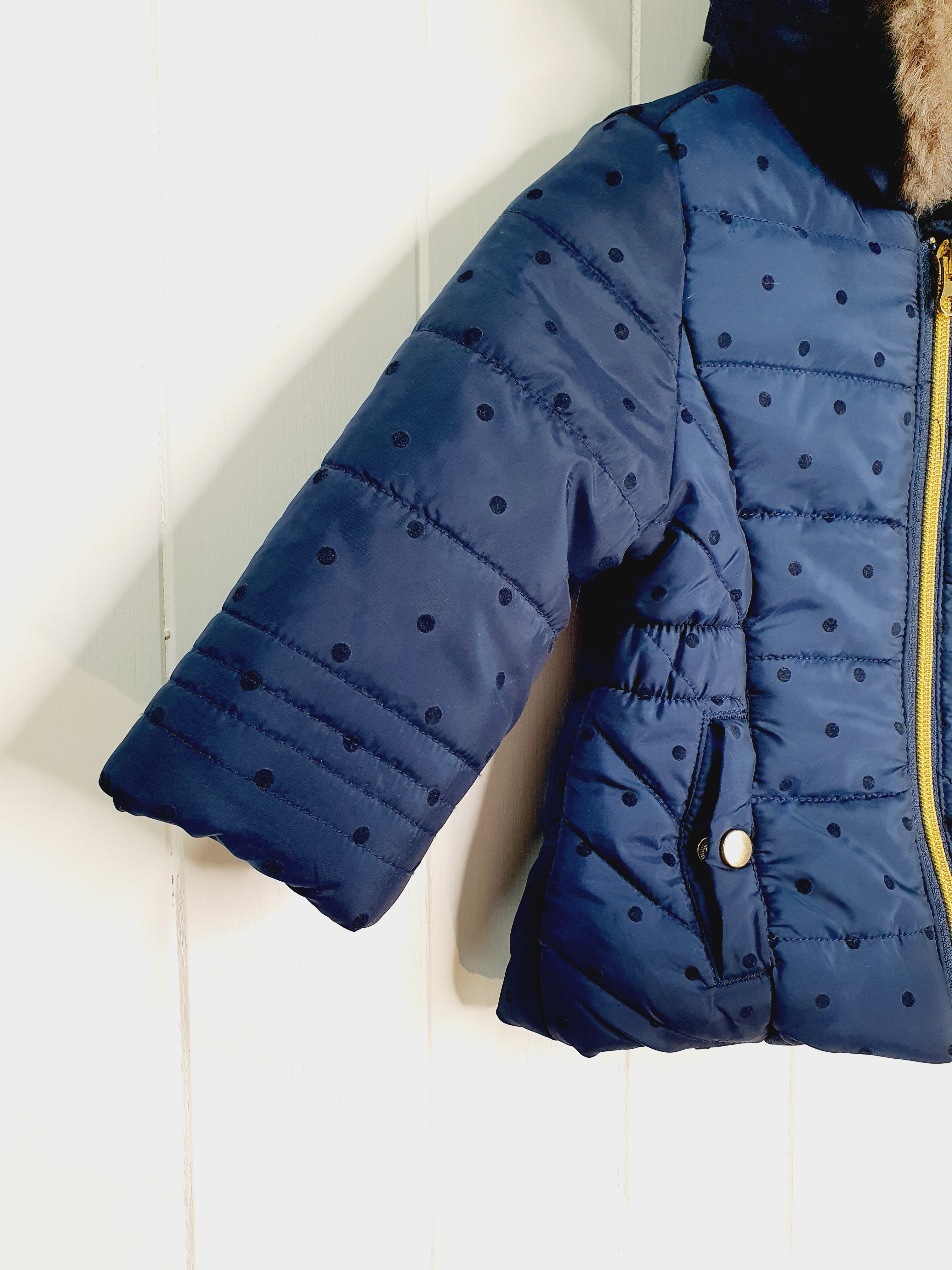 F&F girls navy polkadot coat 3-6 months