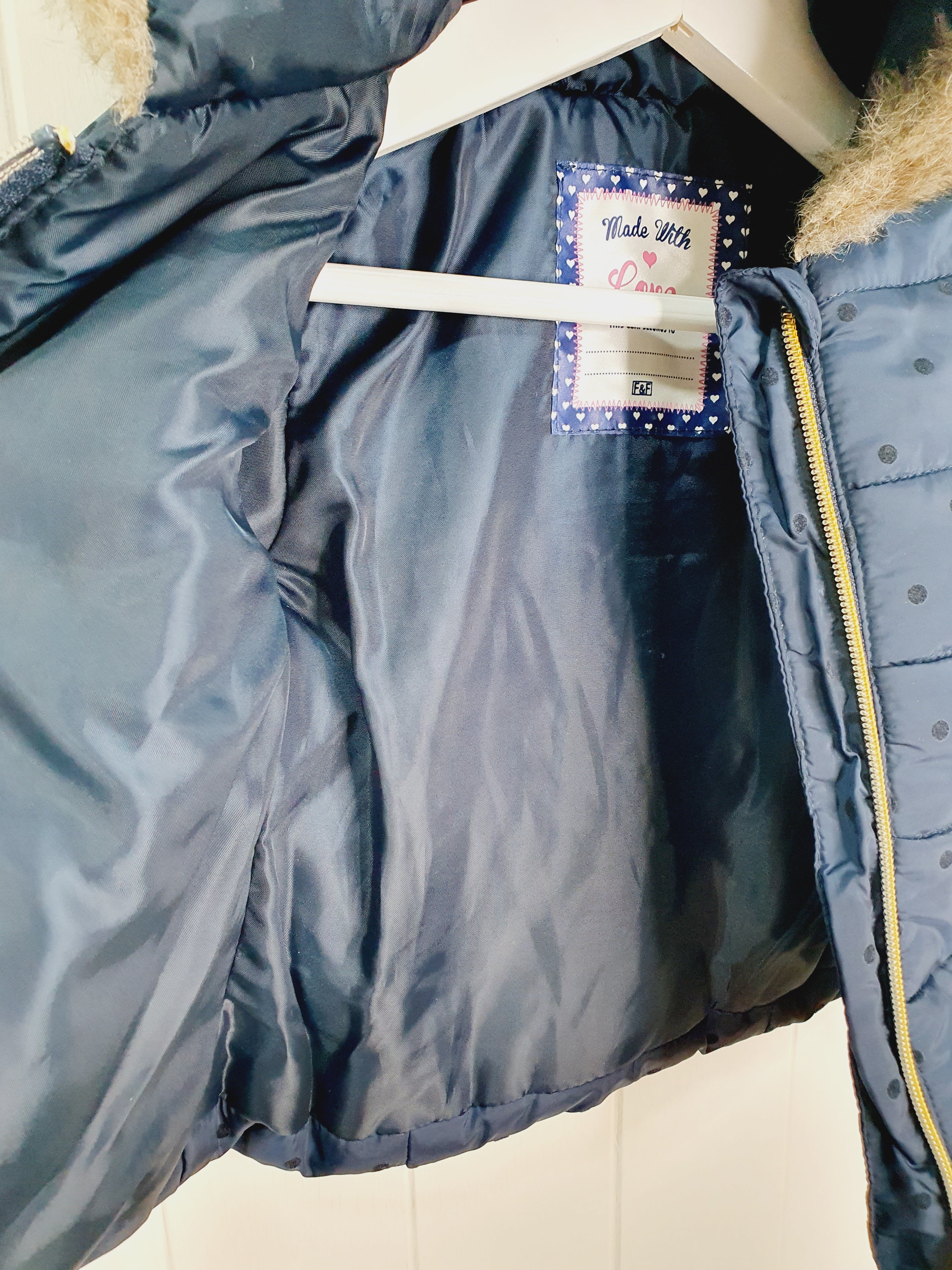 F&F girls navy polkadot coat 3-6 months