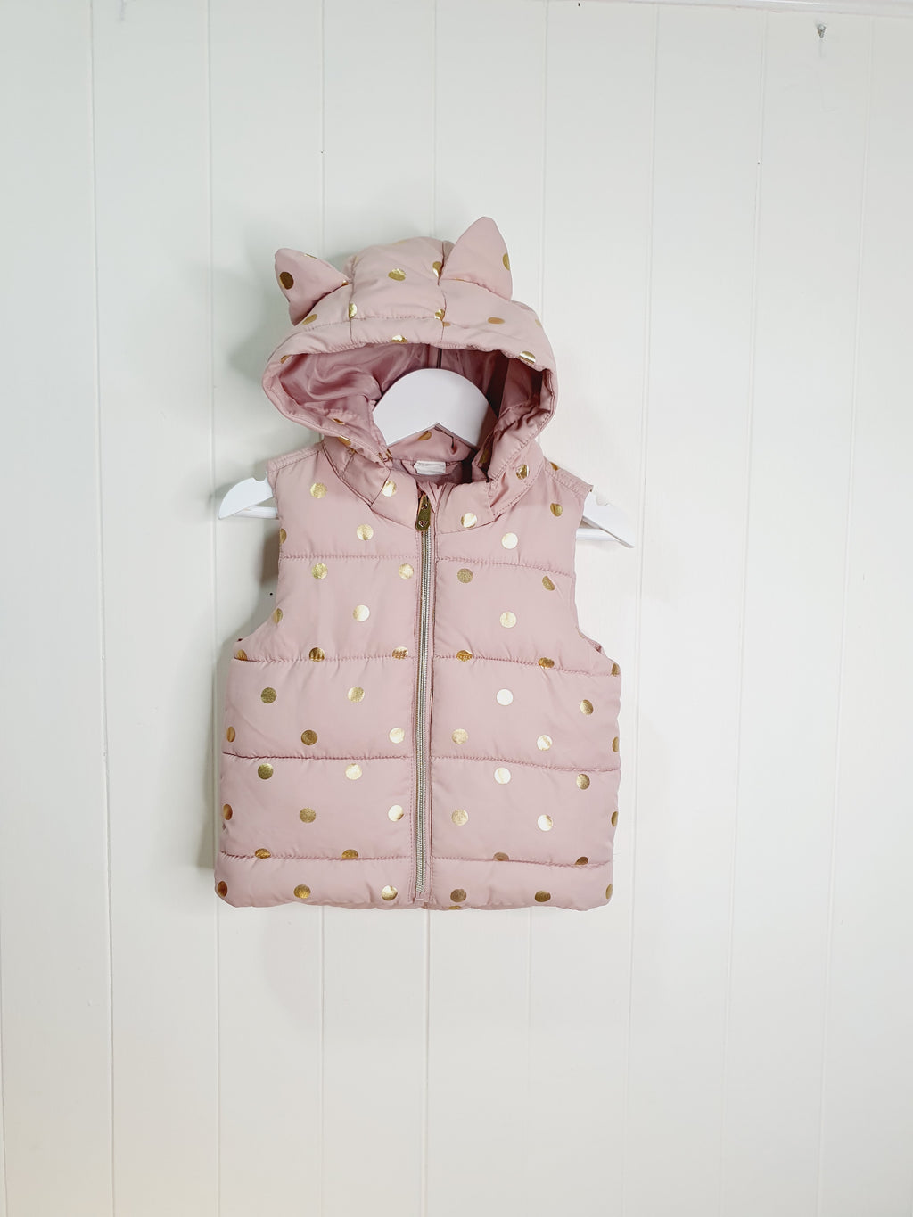 H&M pink and gold polkadot padded body warmer/gilet 9-12 months