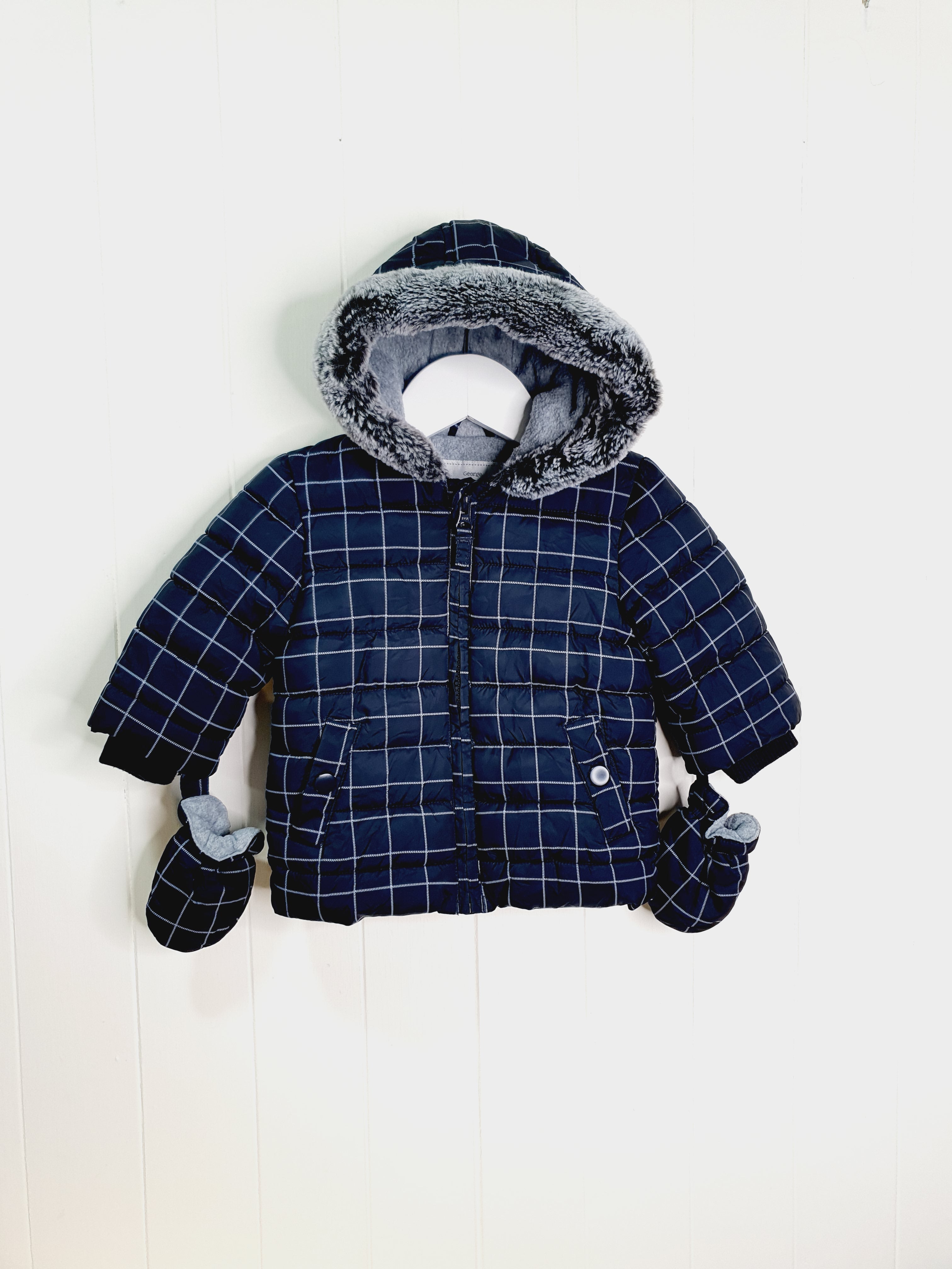 George checkered hooded jacket with mitts 3-6 months
