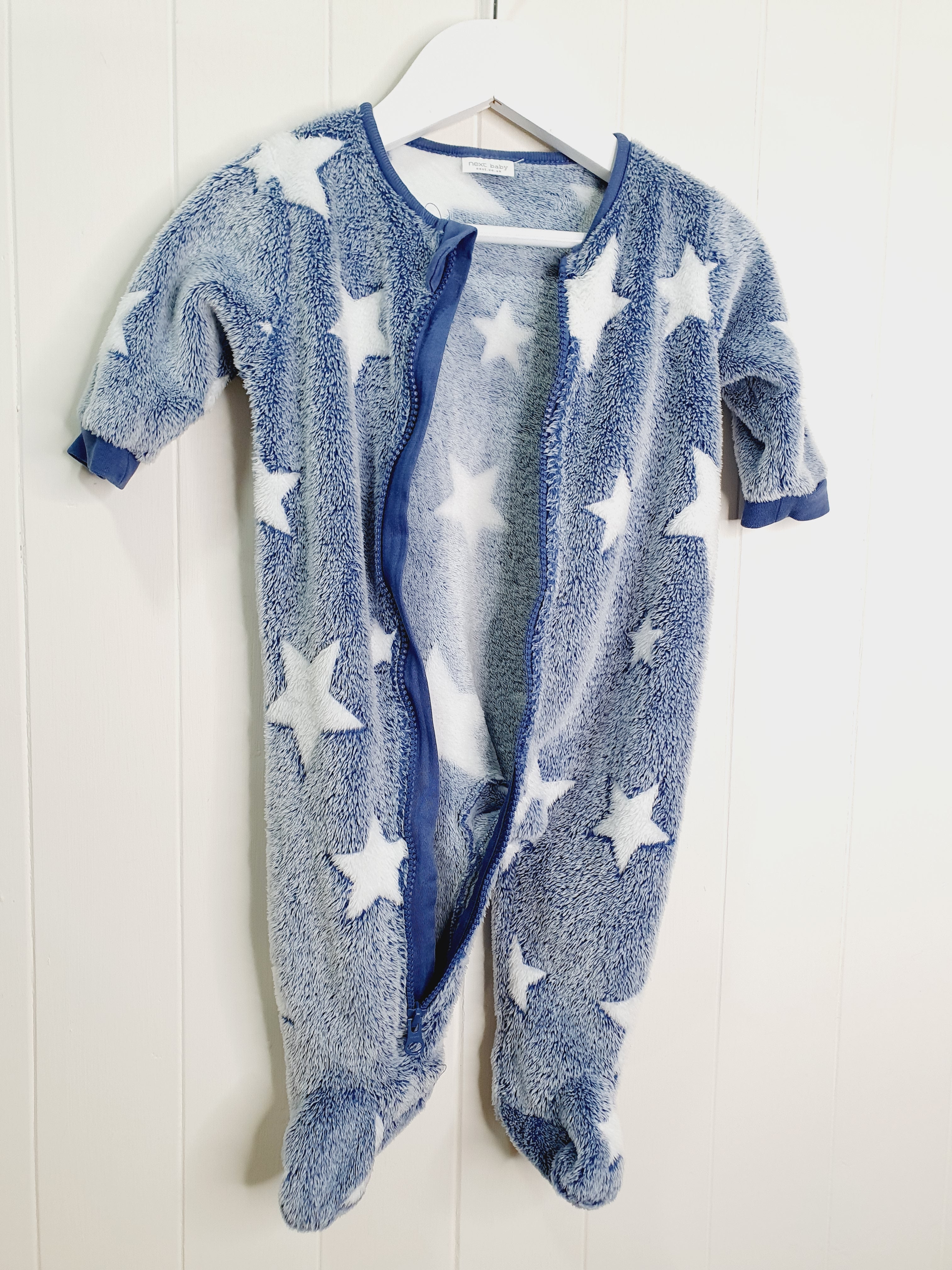 Next star print blue fleece sleepsuit 3-6 months