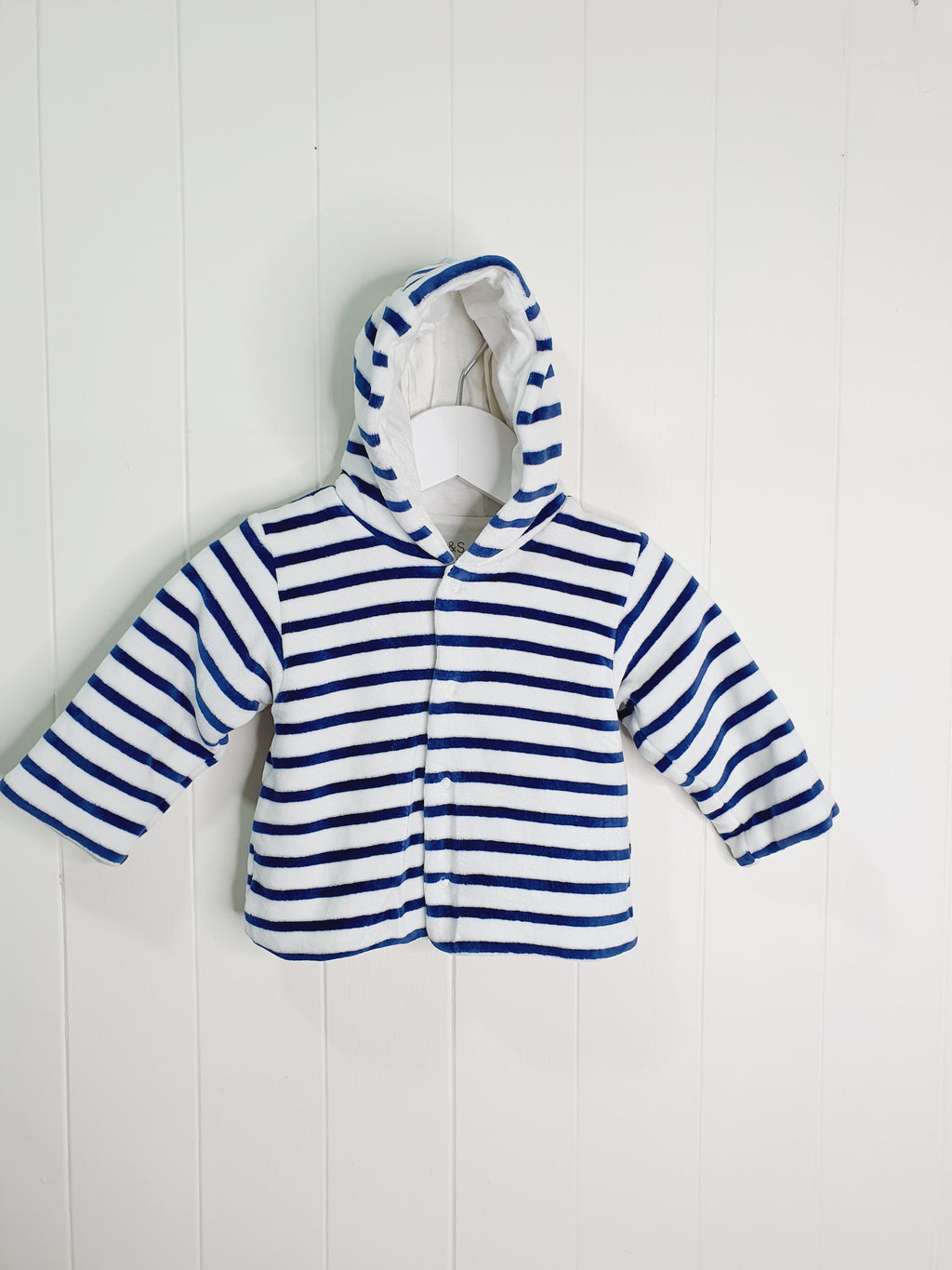 M&S white and blue stripy velour jacket 0-3 months