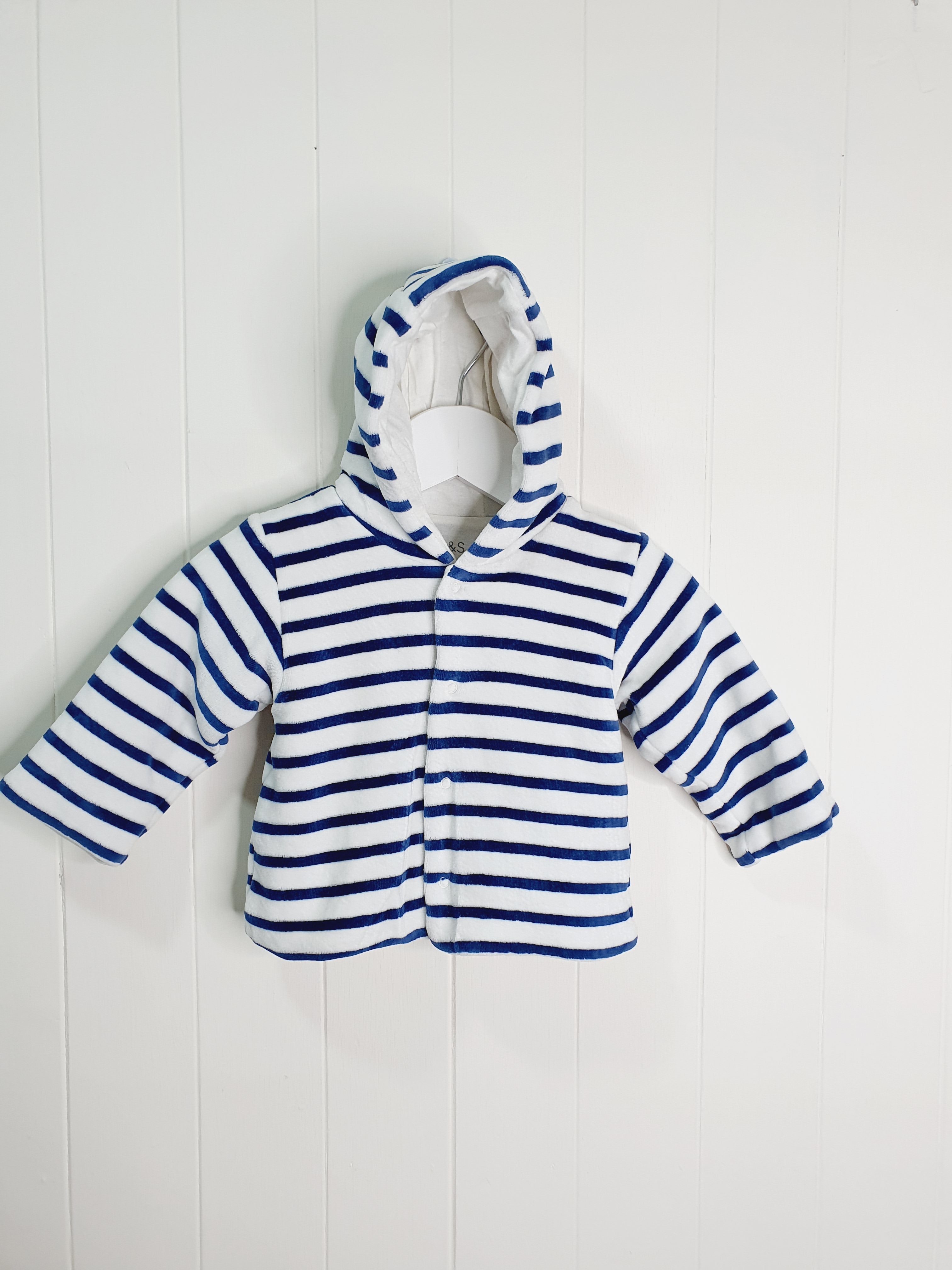 M&S white and blue stripy velour jacket 0-3 months