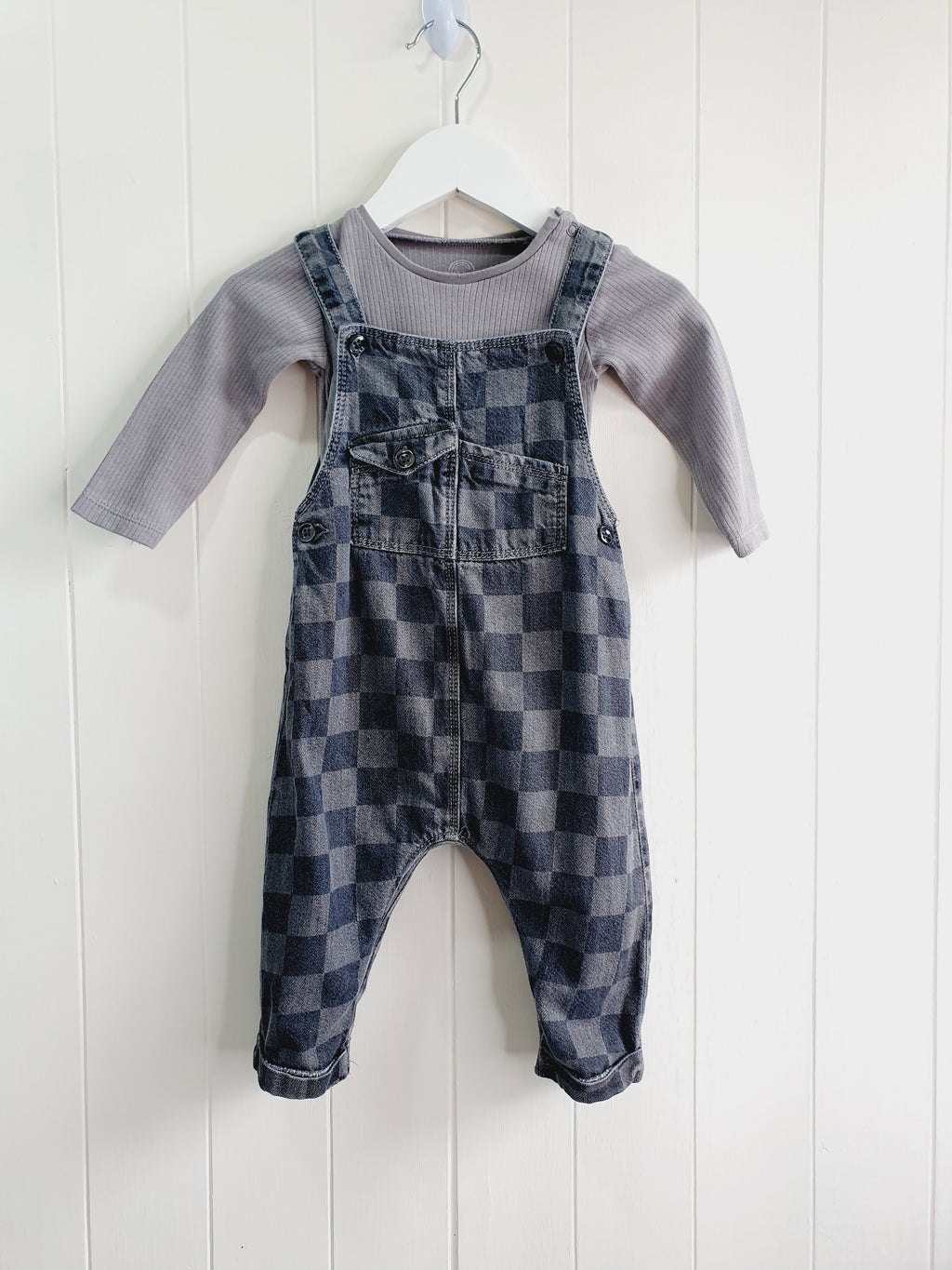 Next monochrome check denim dungarees and bodysuit set 6-9 months