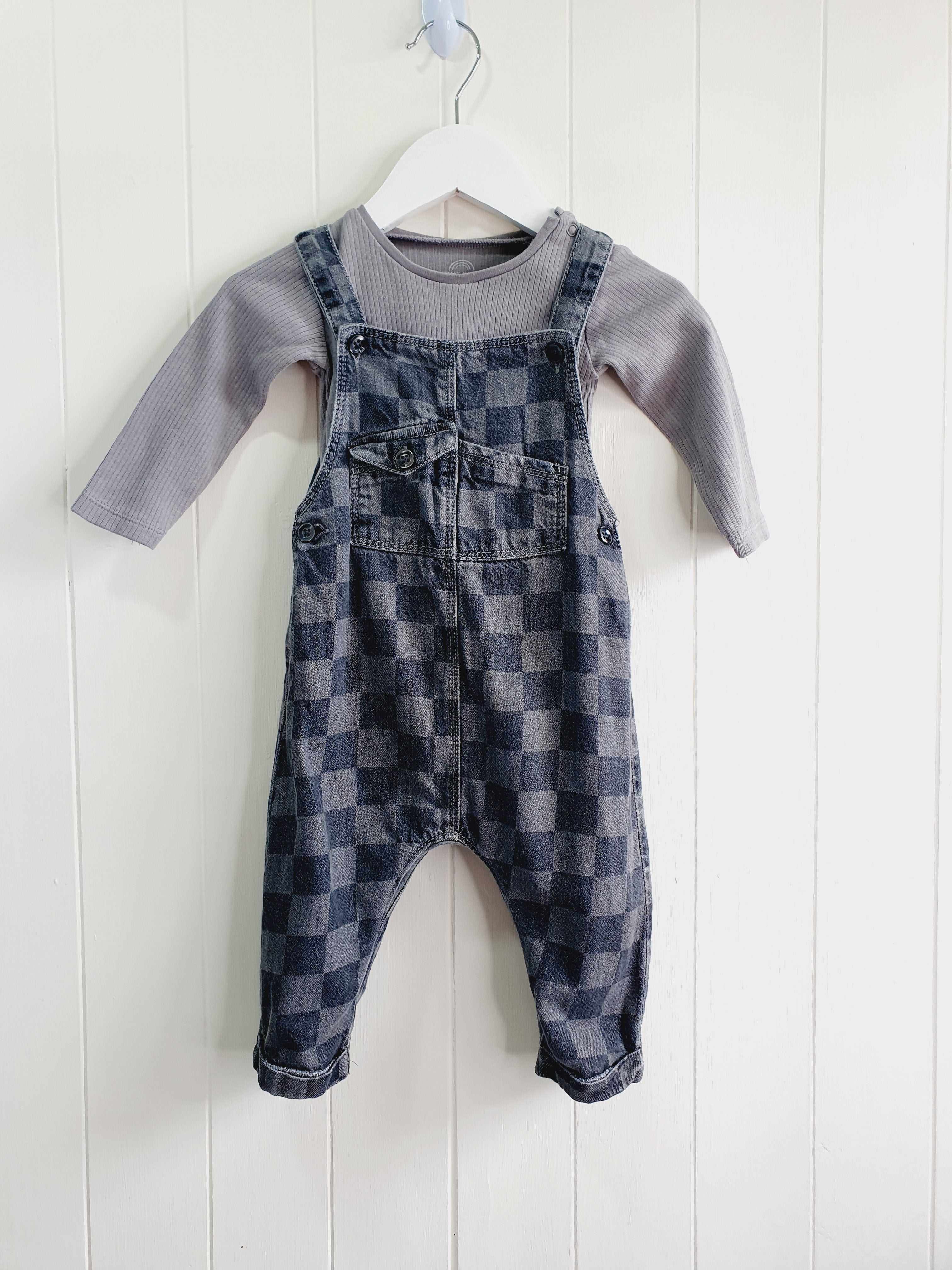 Next monochrome check denim dungarees and bodysuit set 6-9 months