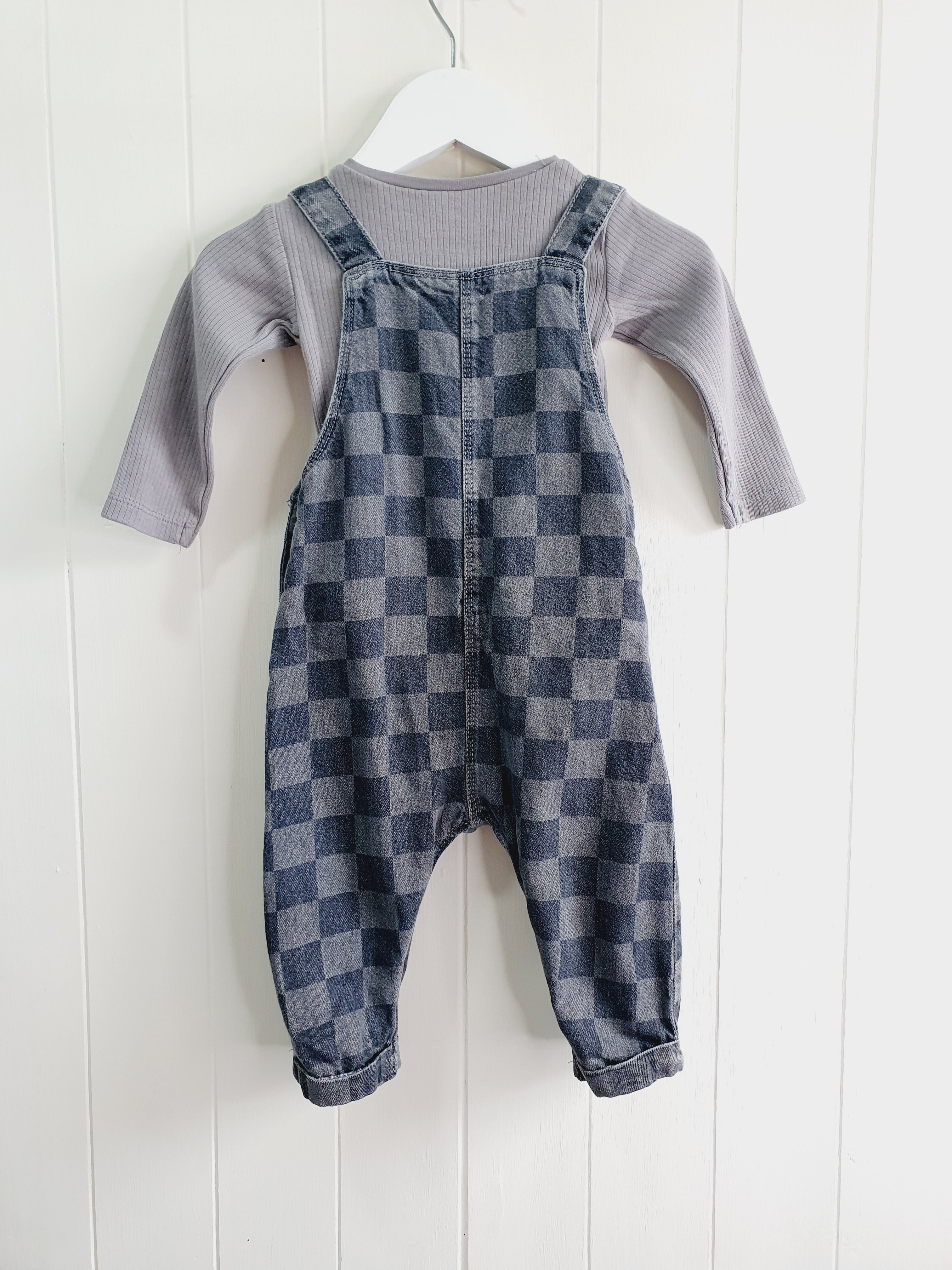 Next monochrome check denim dungarees and bodysuit set 6-9 months