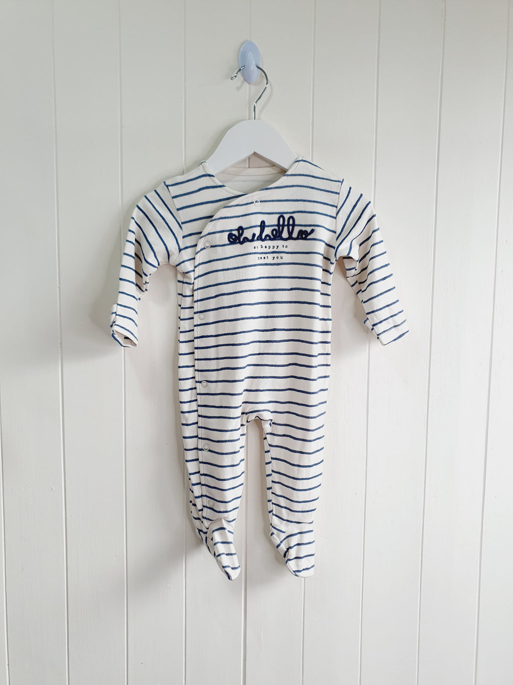 George white and blue stripy Oh Hello sleepsuit 3-6 months