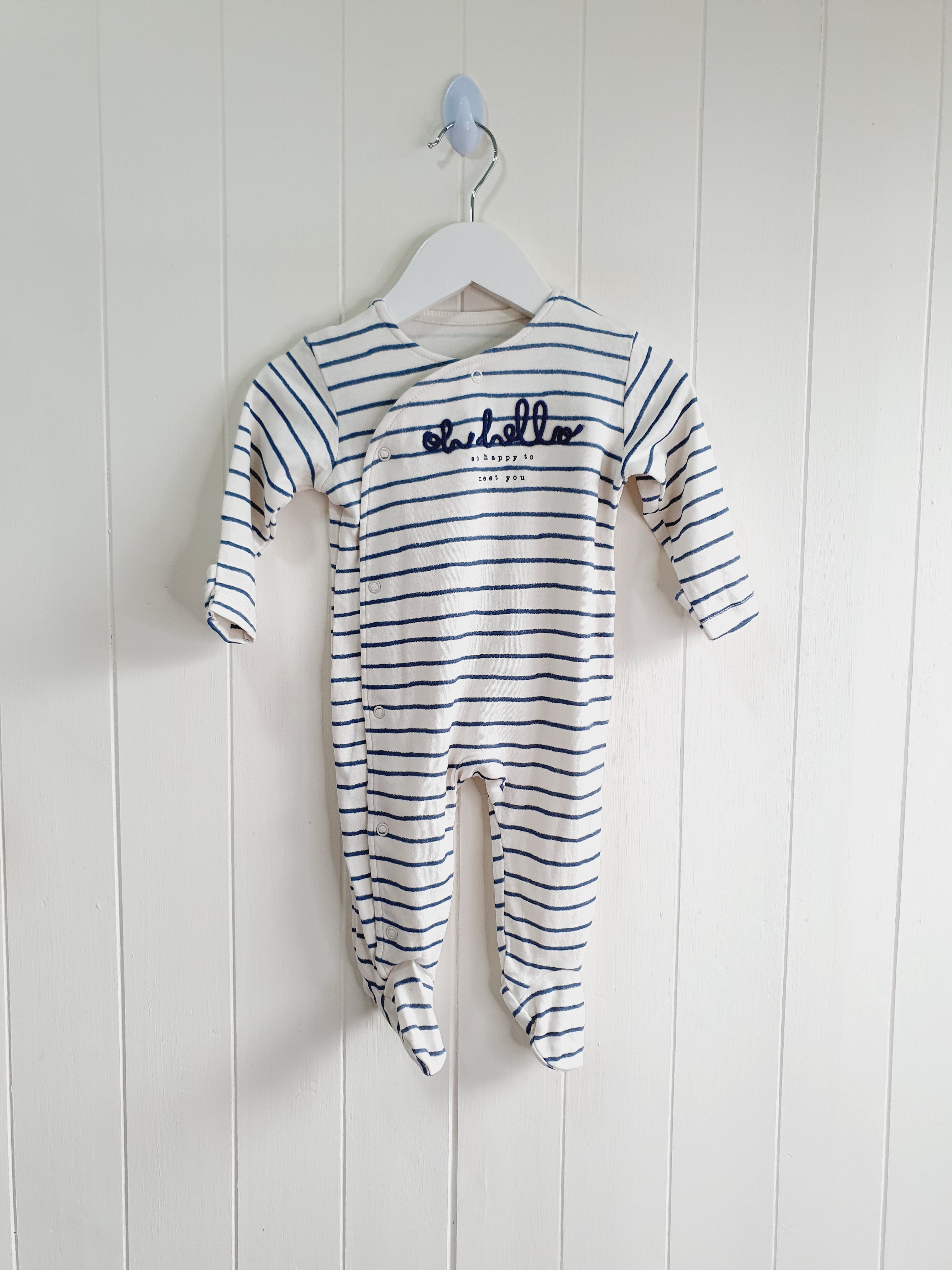George white and blue stripy Oh Hello sleepsuit 3-6 months