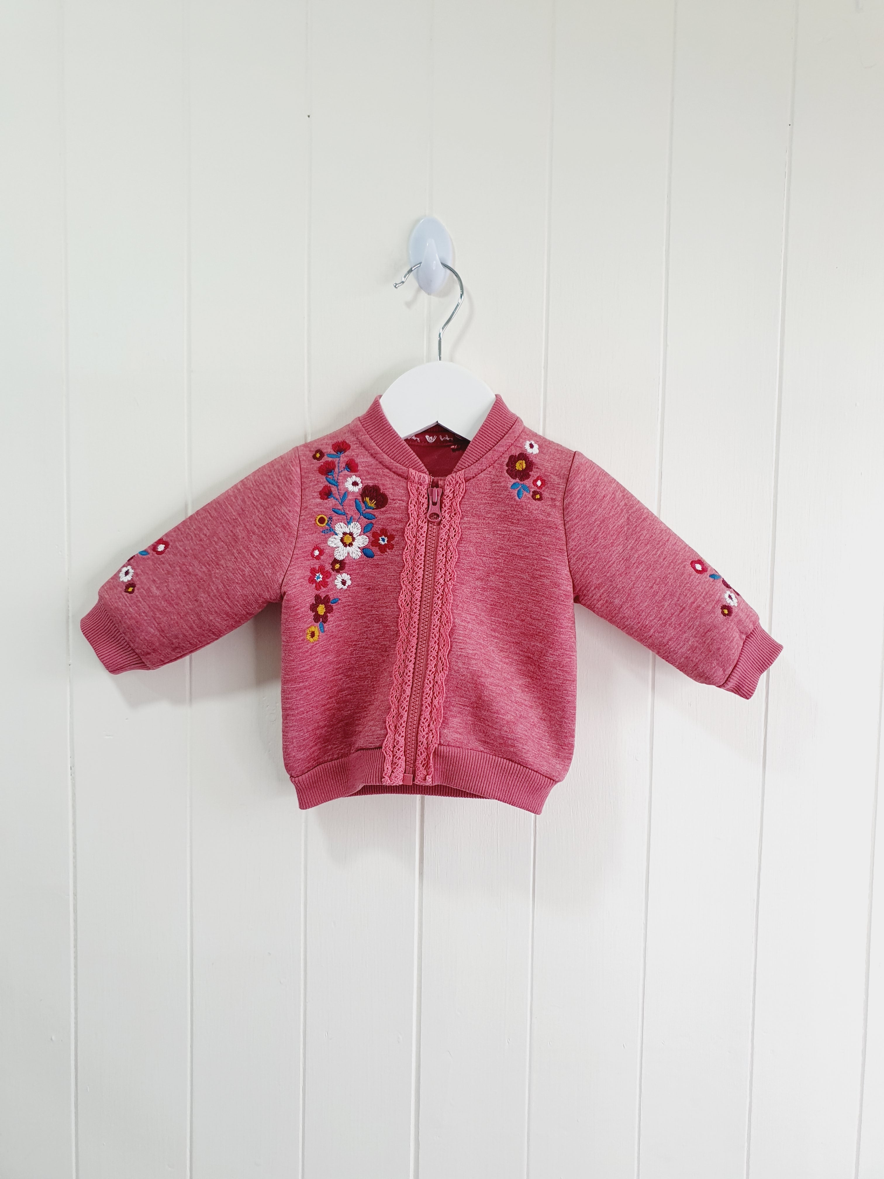 TU pink zip up jumper with embroidered flowers Up to 1 month