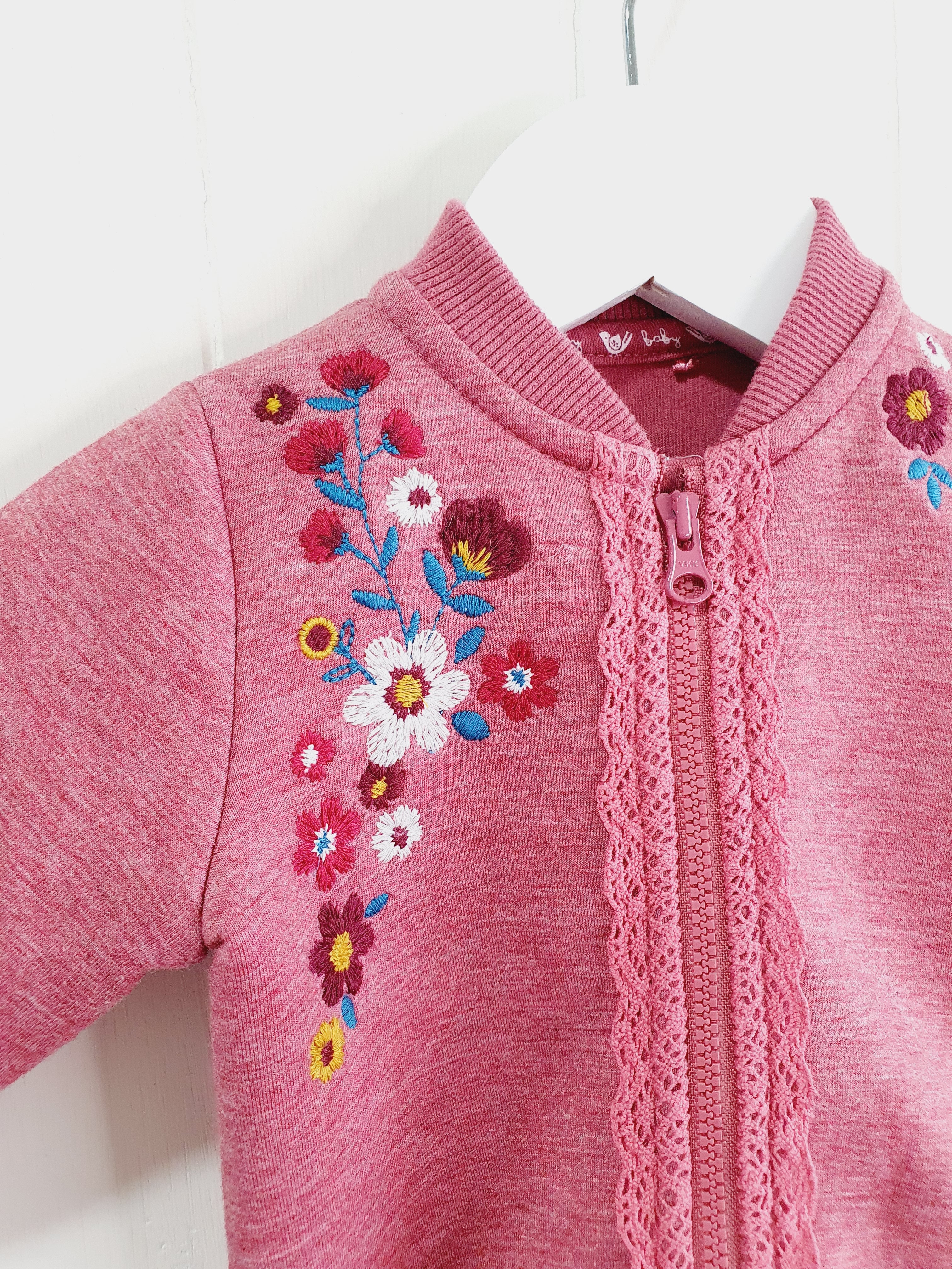 TU pink zip up jumper with embroidered flowers Up to 1 month