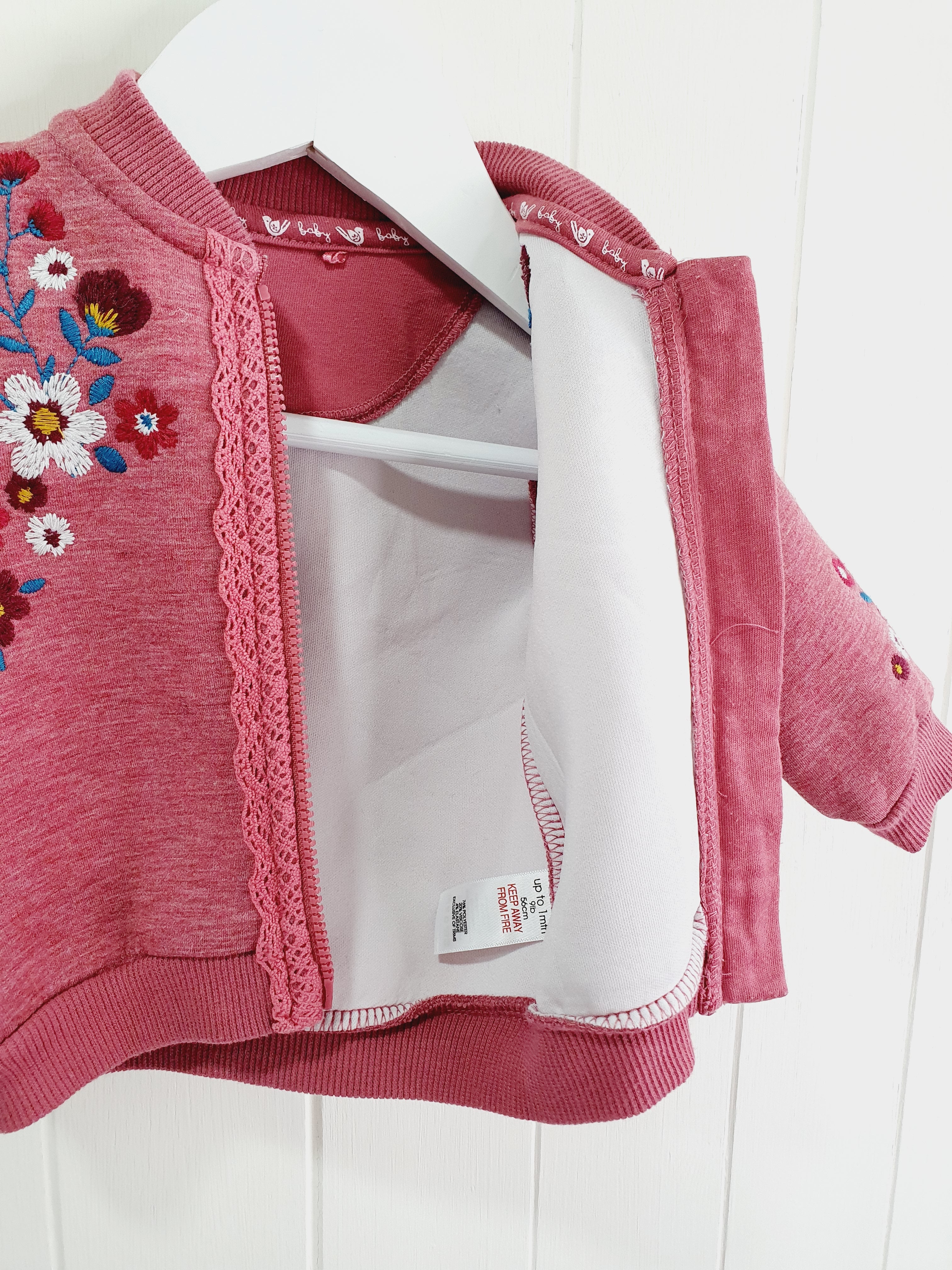 TU pink zip up jumper with embroidered flowers Up to 1 month