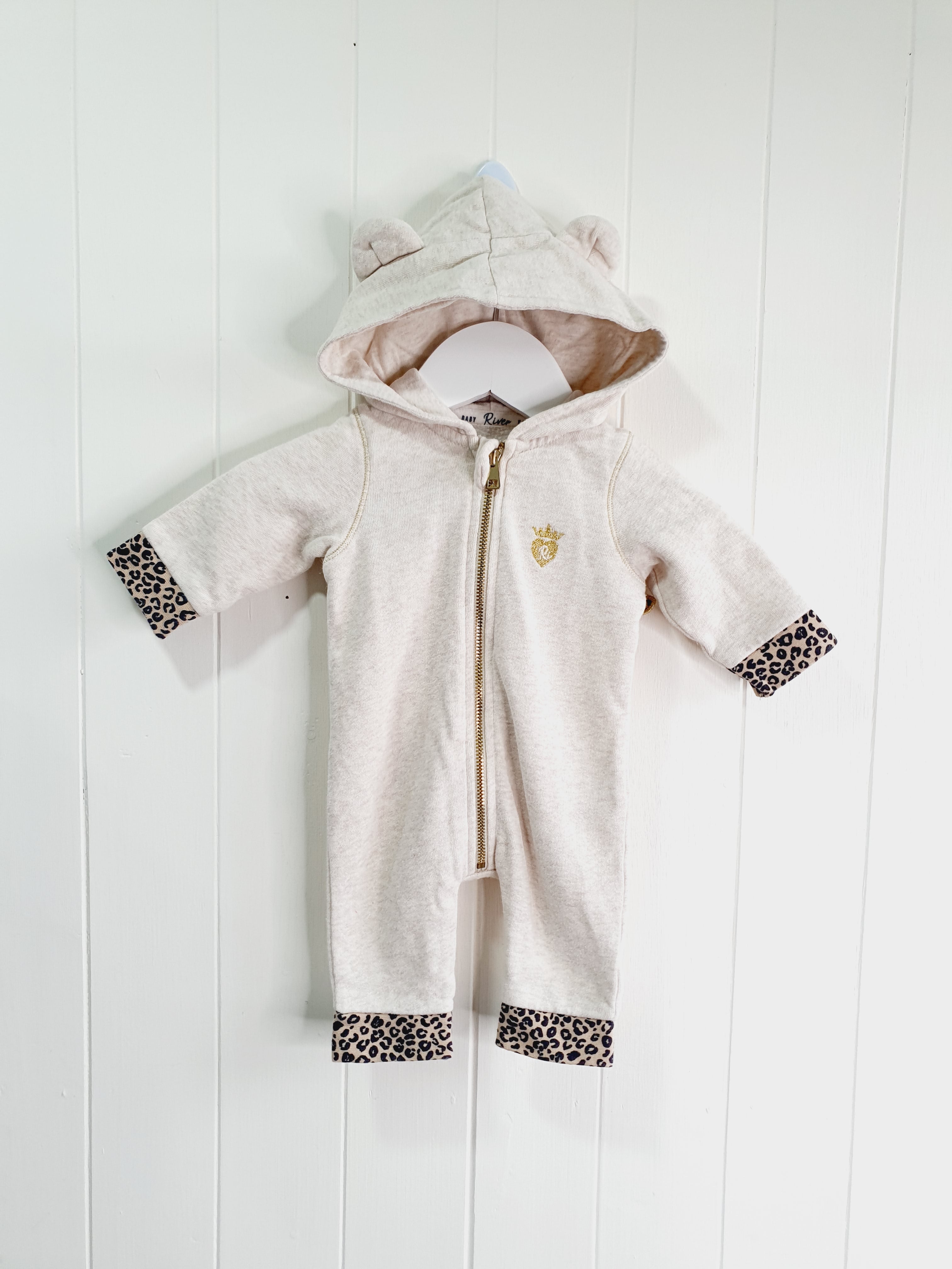 River Island zip up hooded romper with leopard print 0-1 month