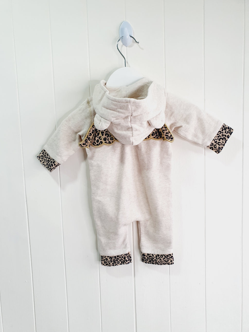 River Island zip up hooded romper with leopard print 0-1 month