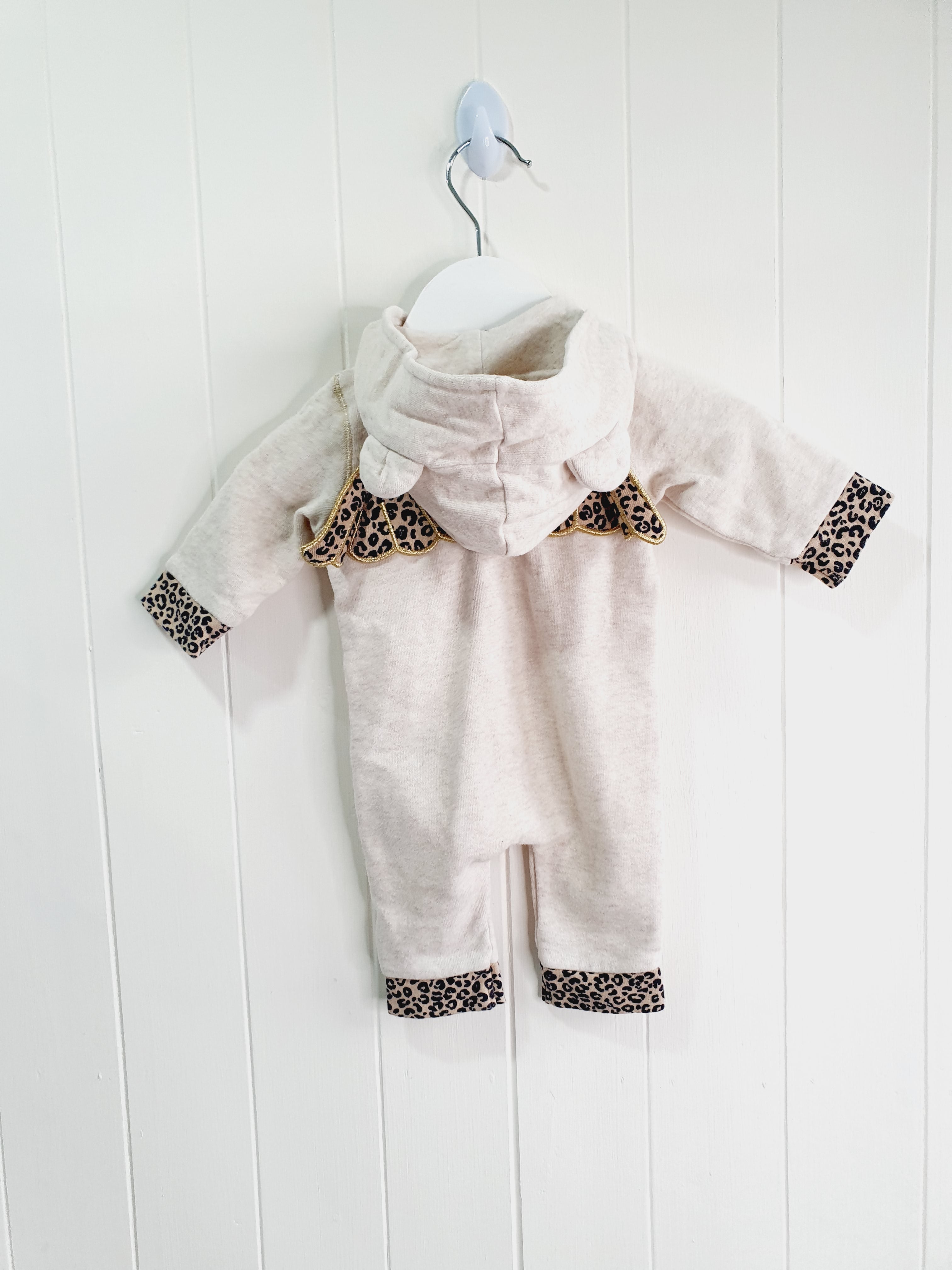 River Island zip up hooded romper with leopard print 0-1 month