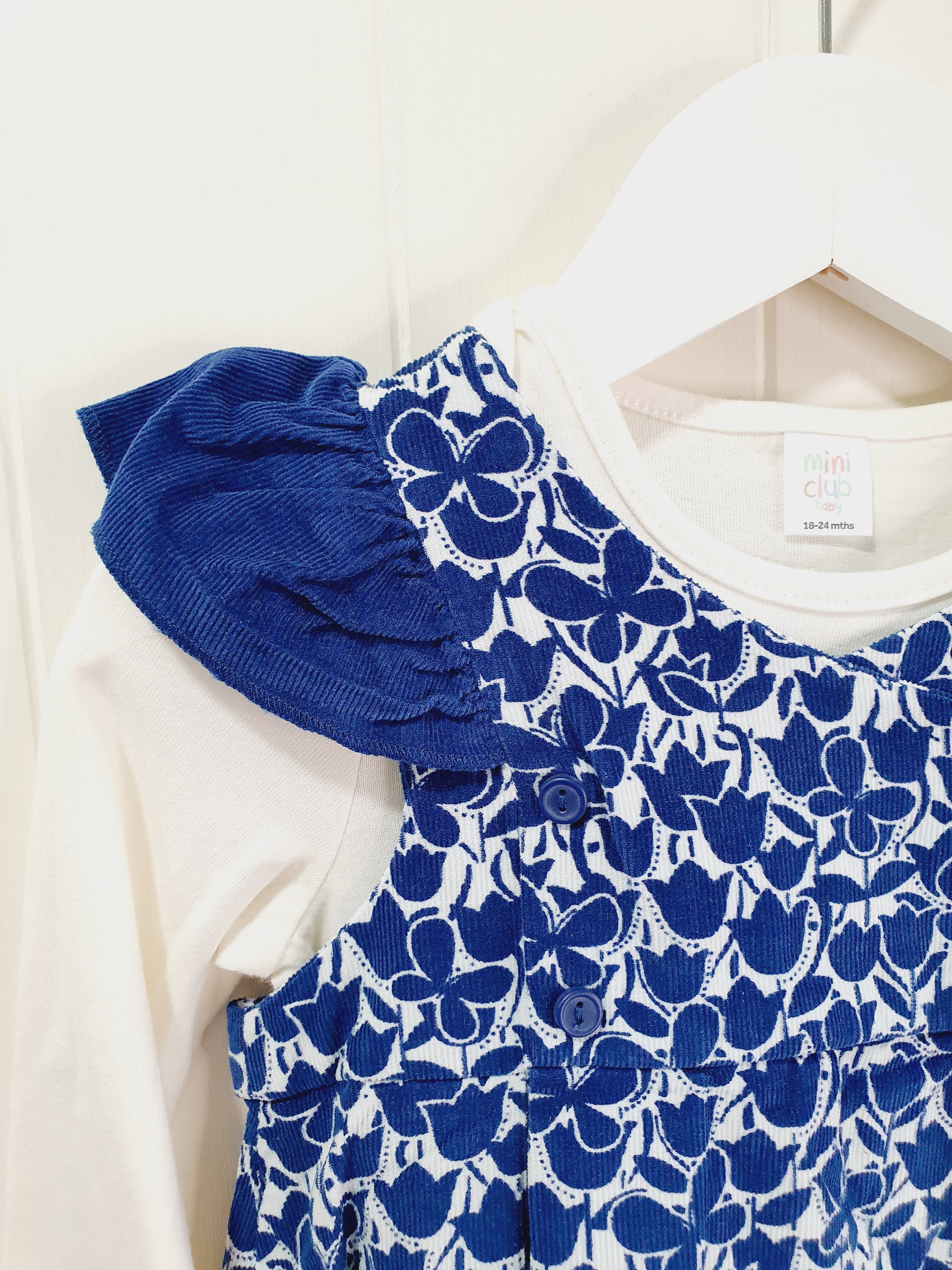 Mini Club blue corduroy pinafore dress and bodysuit set 1.1/2-2 years