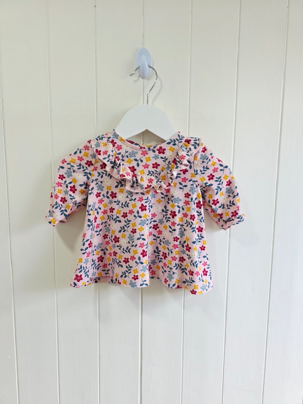 Matalan  - girls pink floral dress with frill detailing and long sleeves
