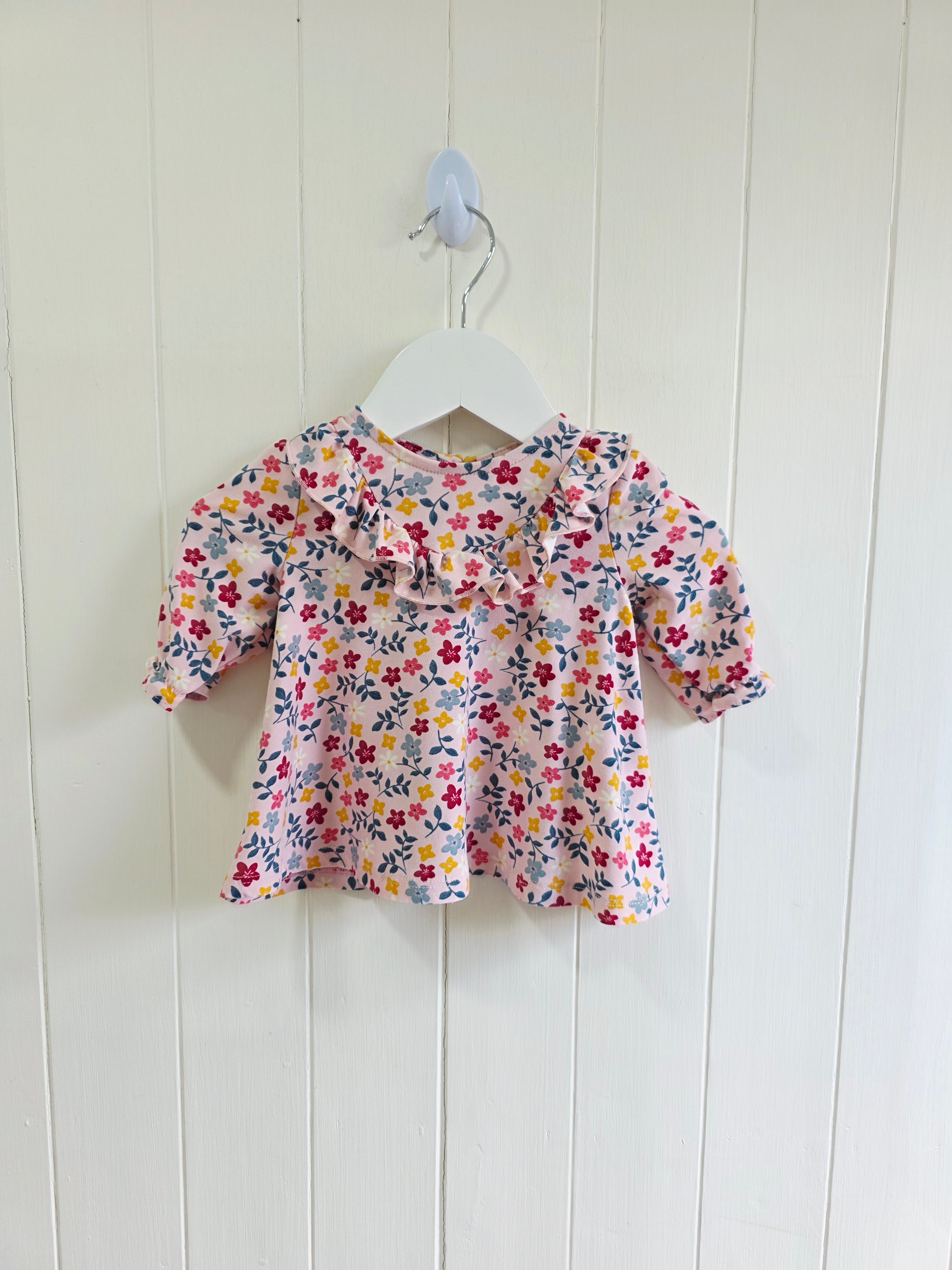 Matalan  - girls pink floral dress with frill detailing and long sleeves