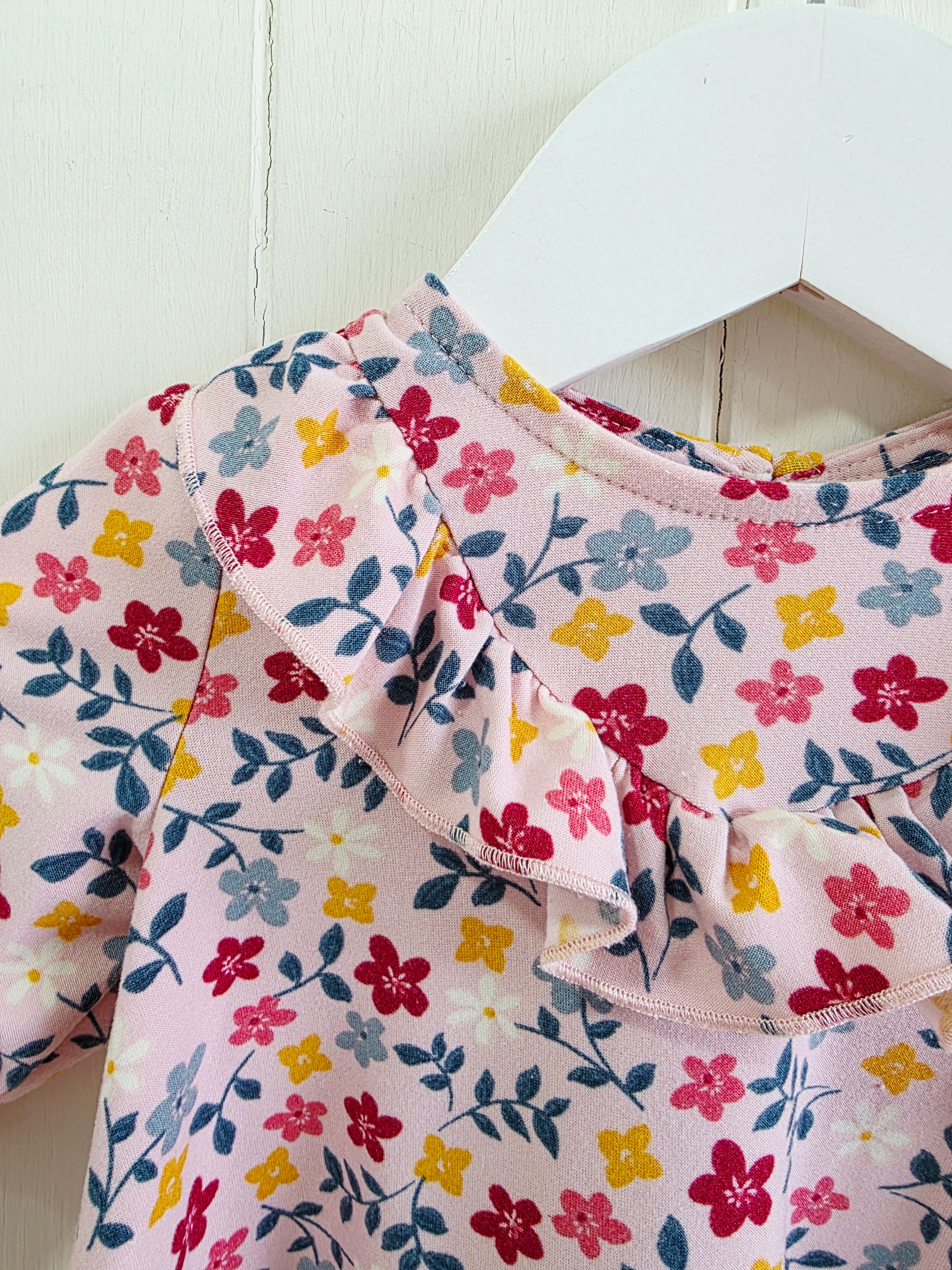 Matalan  - girls pink floral dress with frill detailing and long sleeves