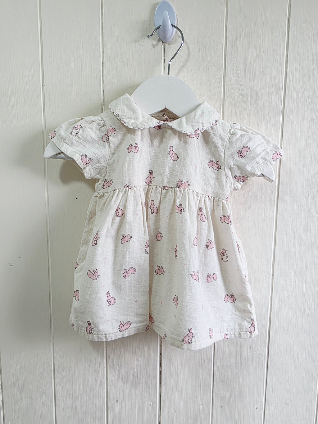 George - First size girls off white cap shoulder bunny print dress wit Peter Pan collar