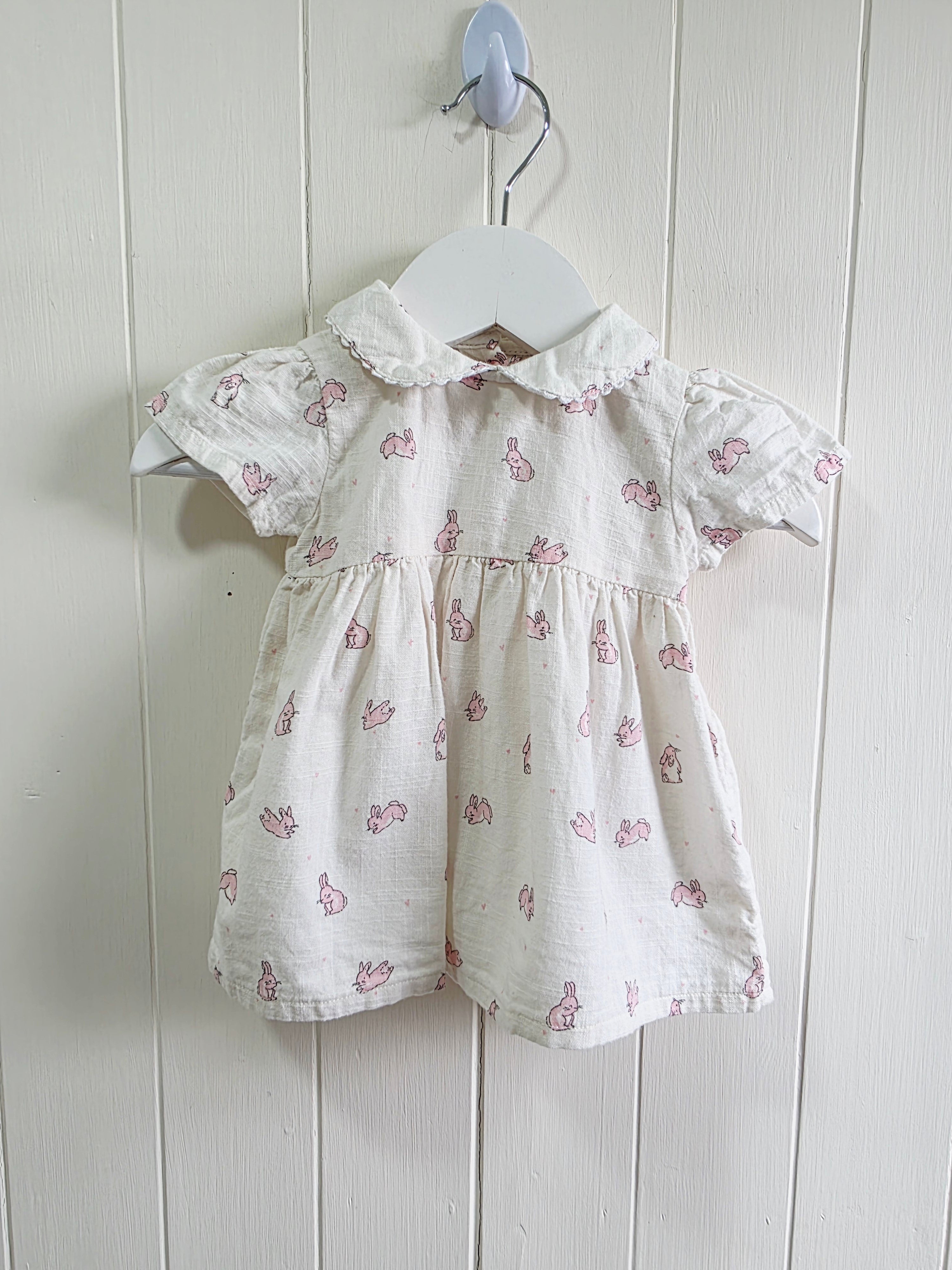 George - First size girls off white cap shoulder bunny print dress wit Peter Pan collar