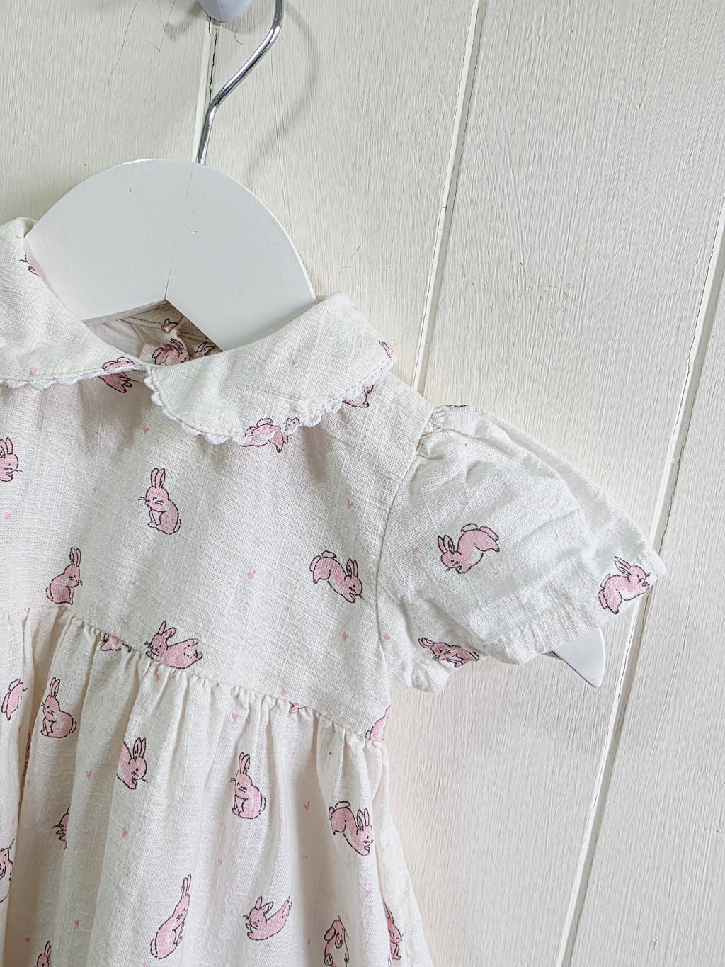 George - First size girls off white cap shoulder bunny print dress wit Peter Pan collar