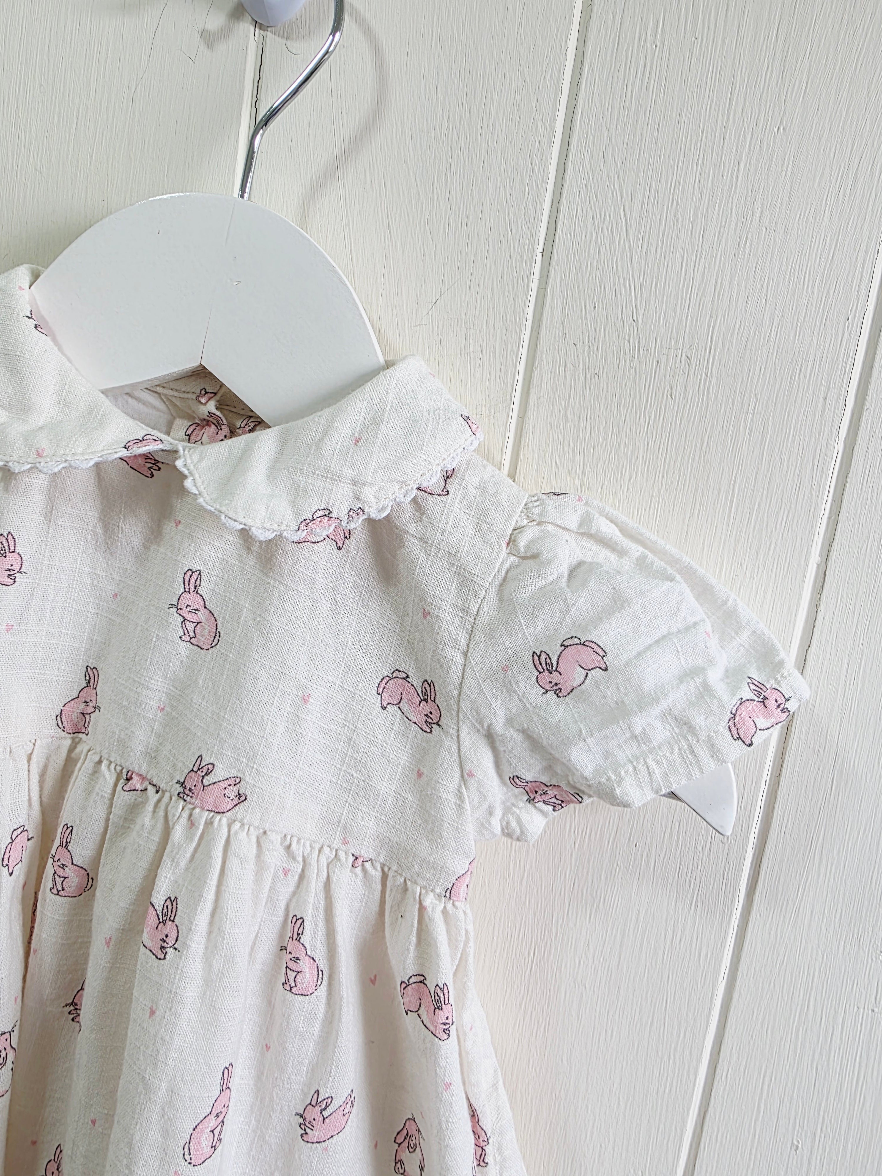 George - First size girls off white cap shoulder bunny print dress wit Peter Pan collar