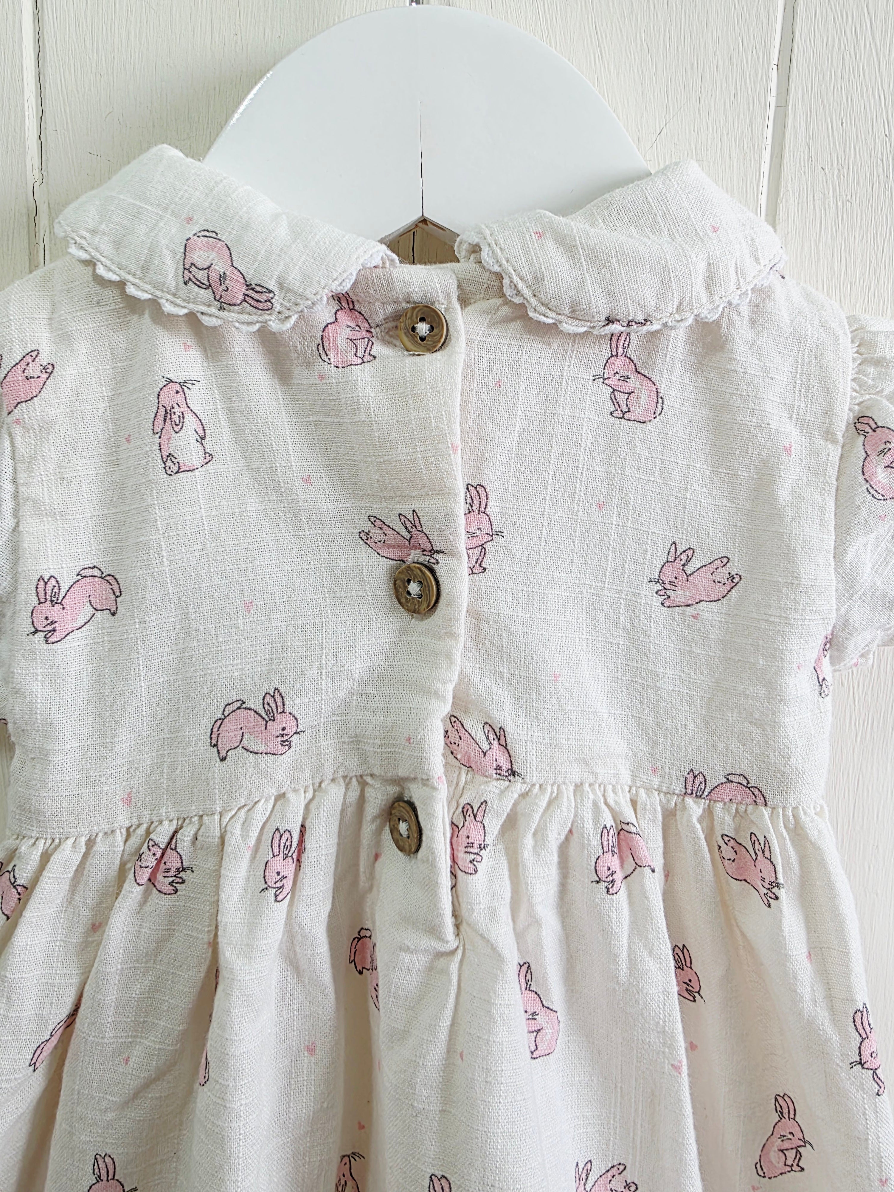 George - First size girls off white cap shoulder bunny print dress wit Peter Pan collar
