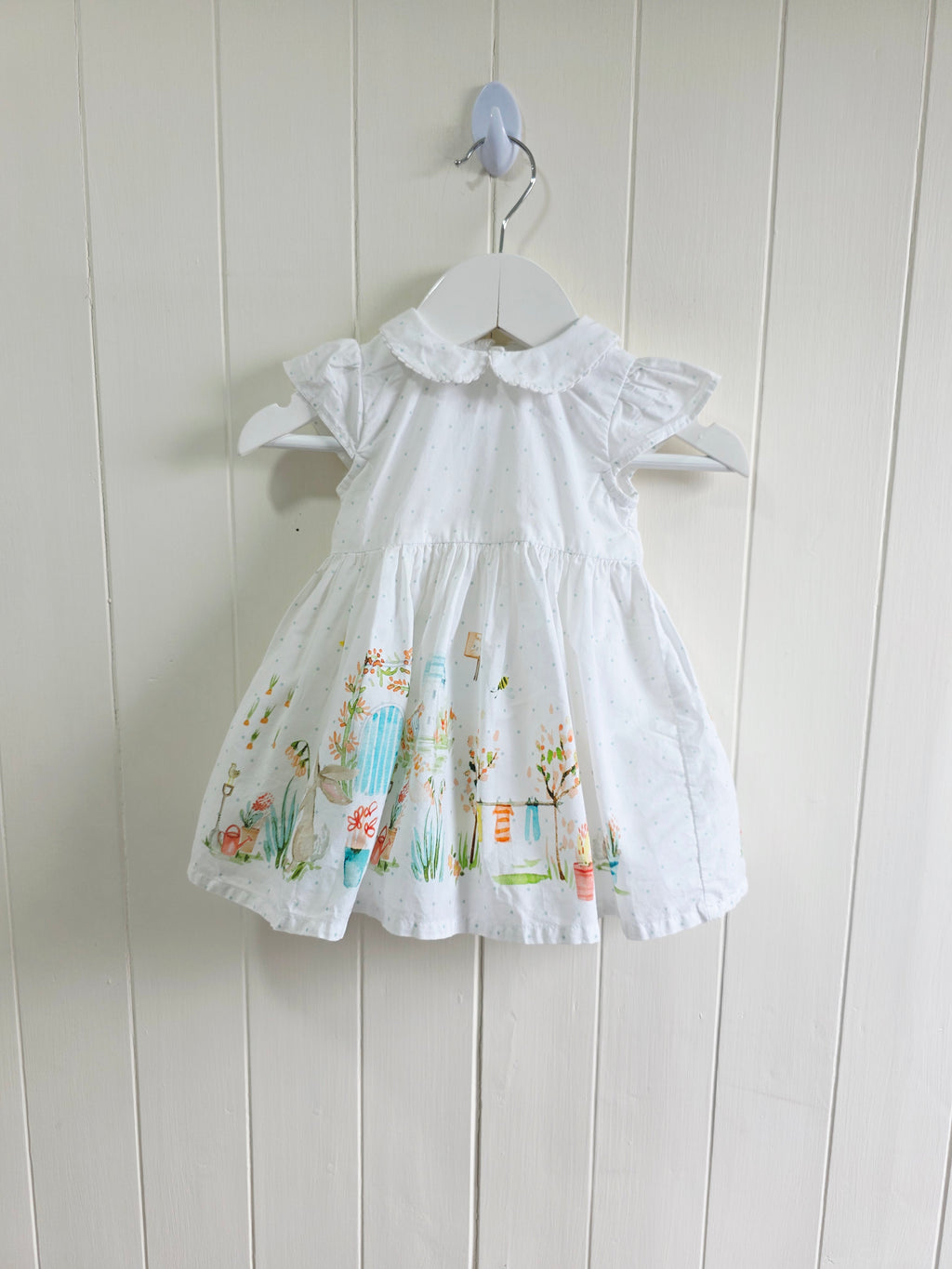 Next - girls white dress featuring a polka dot pattern and a garden scene print up to 3 months