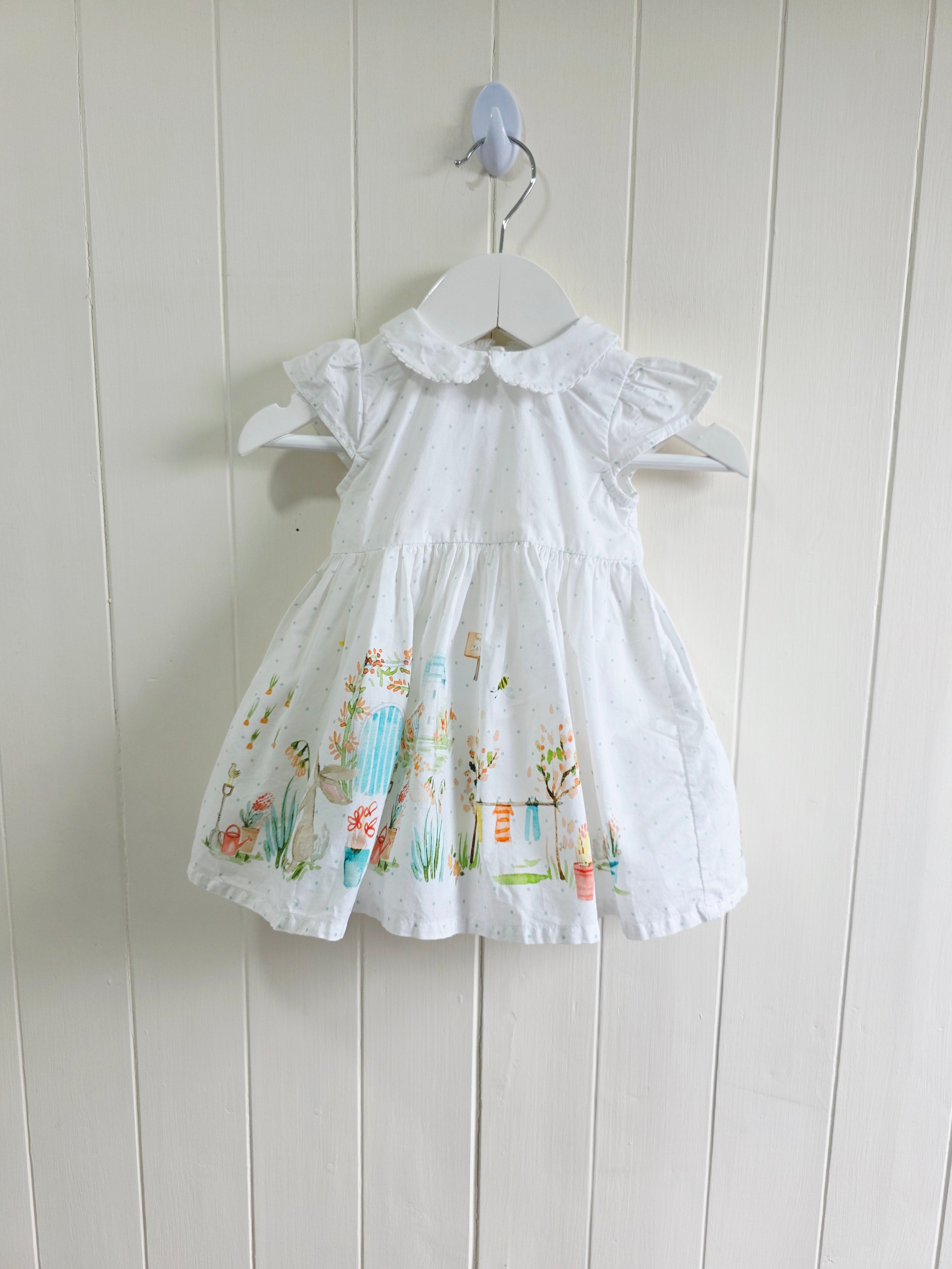 Next - girls white dress featuring a polka dot pattern and a garden scene print up to 3 months