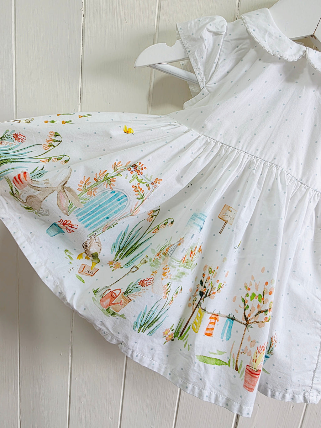 Next - girls white dress featuring a polka dot pattern and a garden scene print up to 3 months