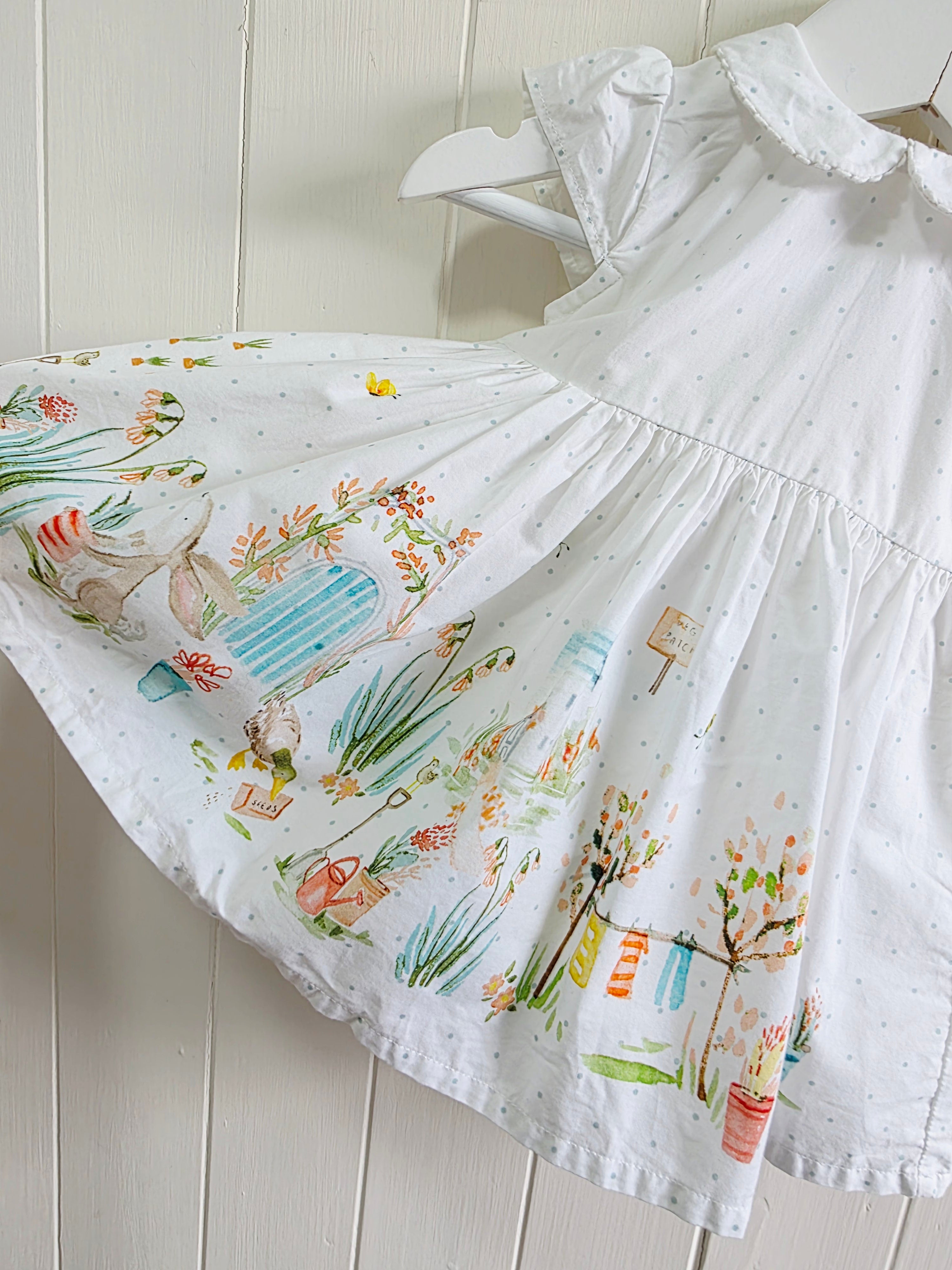 Next - girls white dress featuring a polka dot pattern and a garden scene print up to 3 months