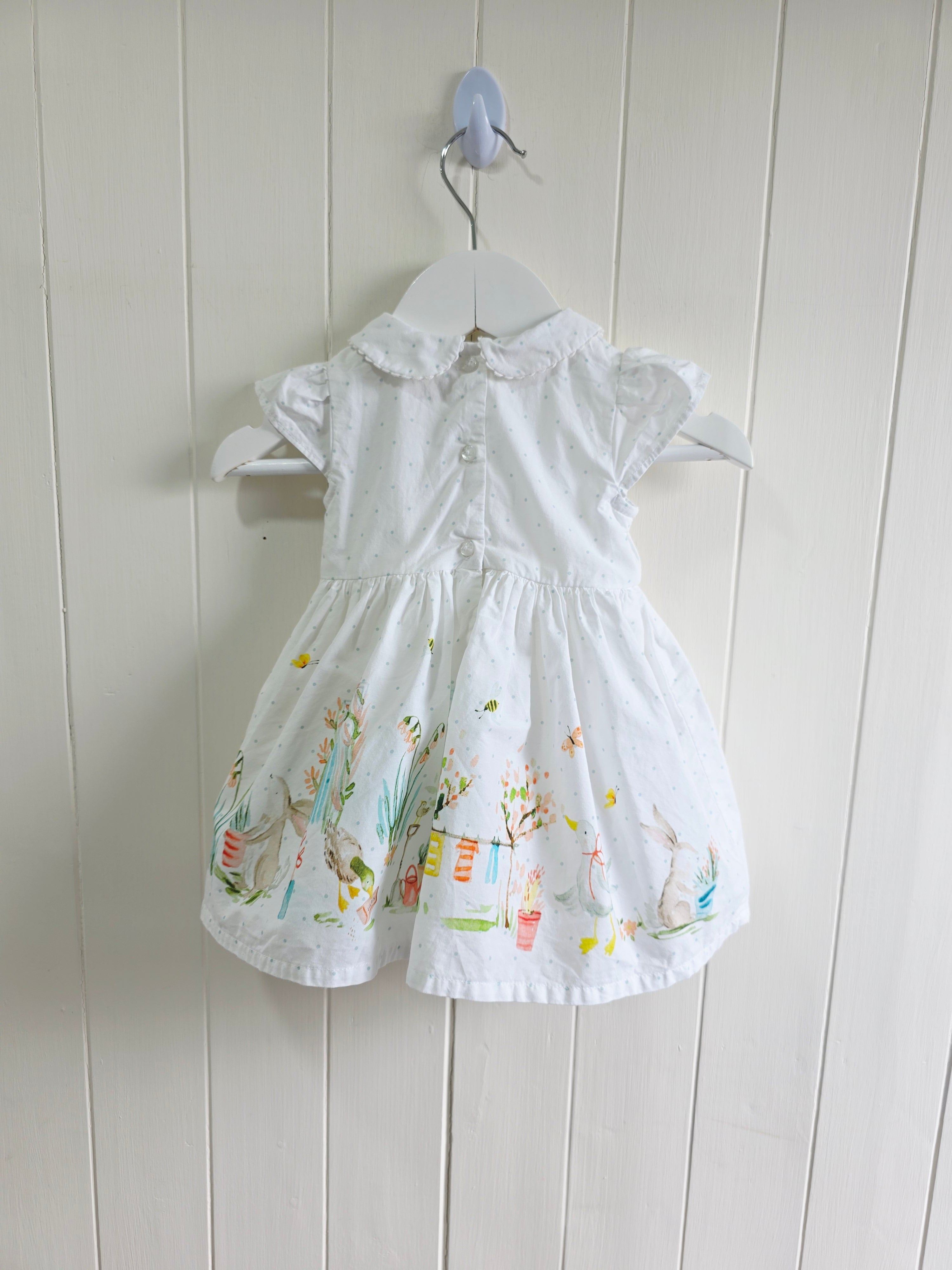 Next - girls white dress featuring a polka dot pattern and a garden scene print up to 3 months