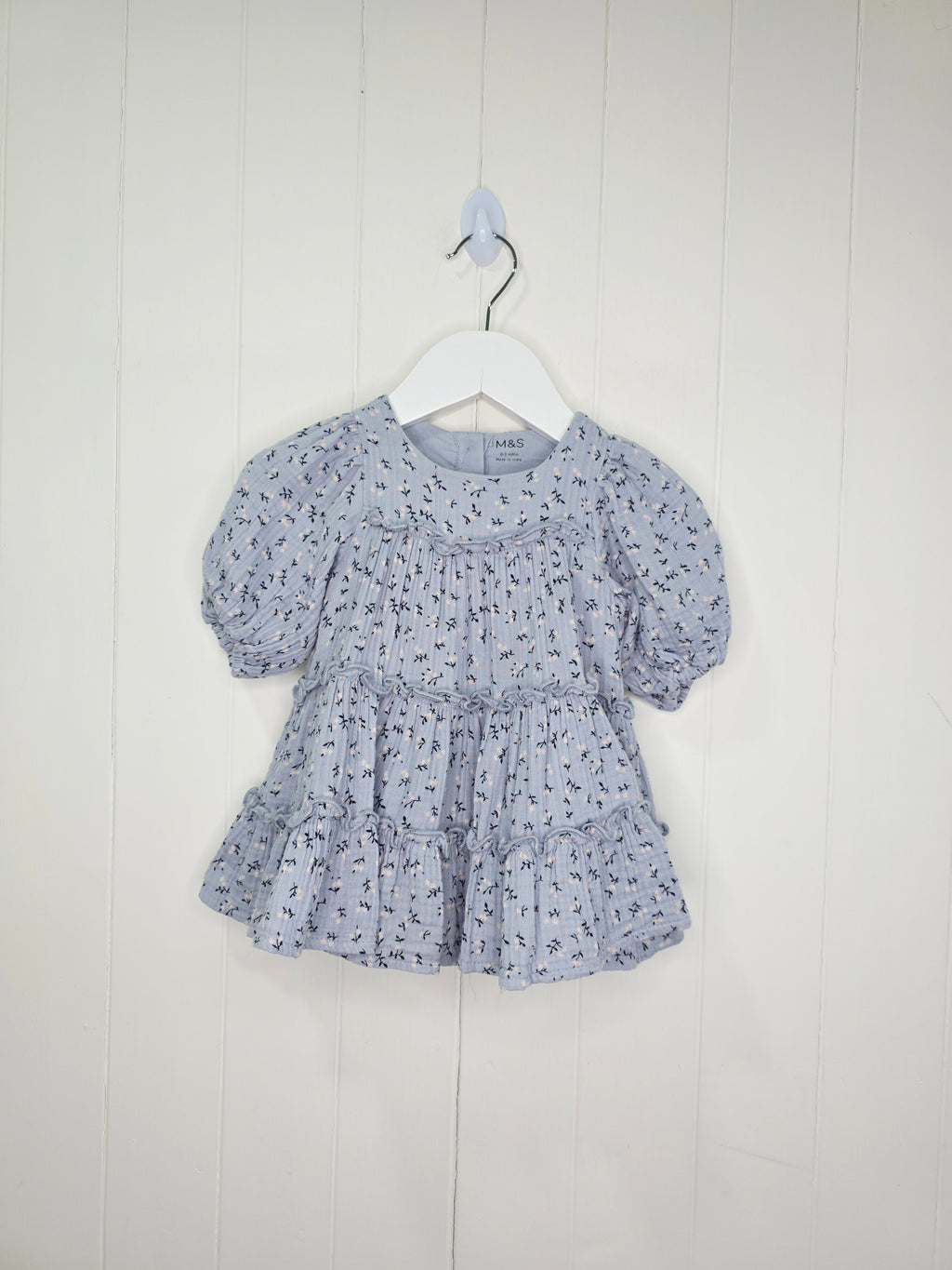 M&S - 0-3 months pure cotton ditsy floral tiered dress in a light blue
