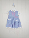Ladybird - 0-3 months blue baby dress with pink embroidery and smocking details on the bodice