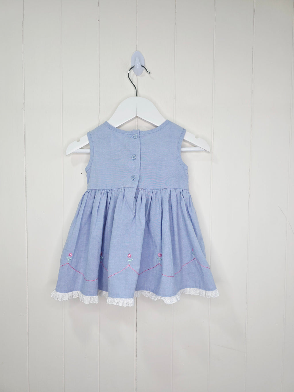 Ladybird - 0-3 months blue baby dress with pink embroidery and smocking details on the bodice