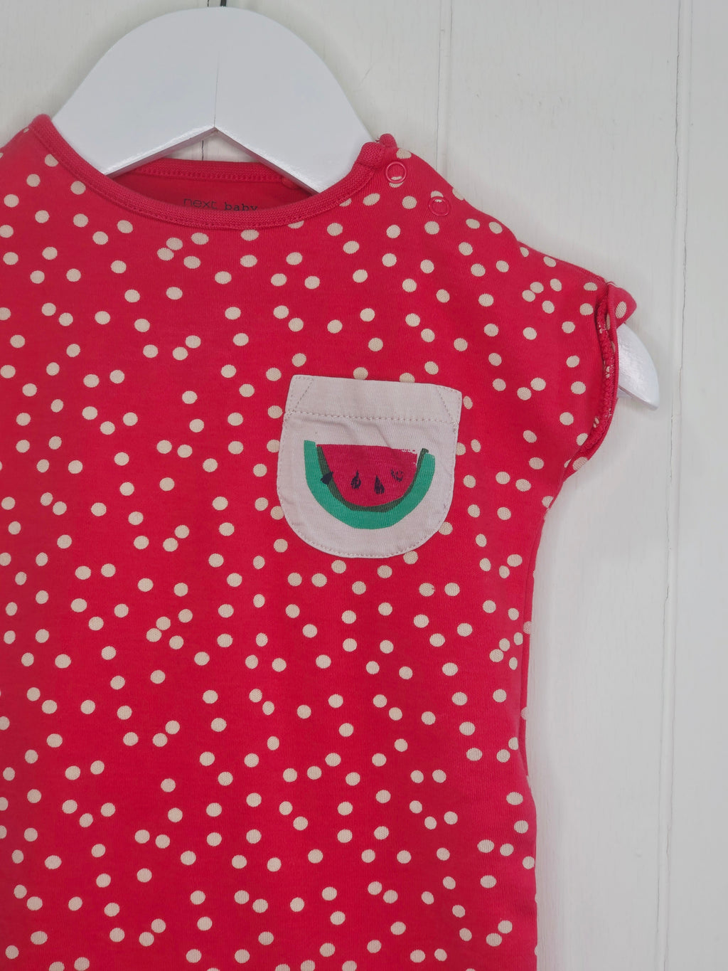 Next - up to 3 months girls red polka dot romper with watermelon pocket