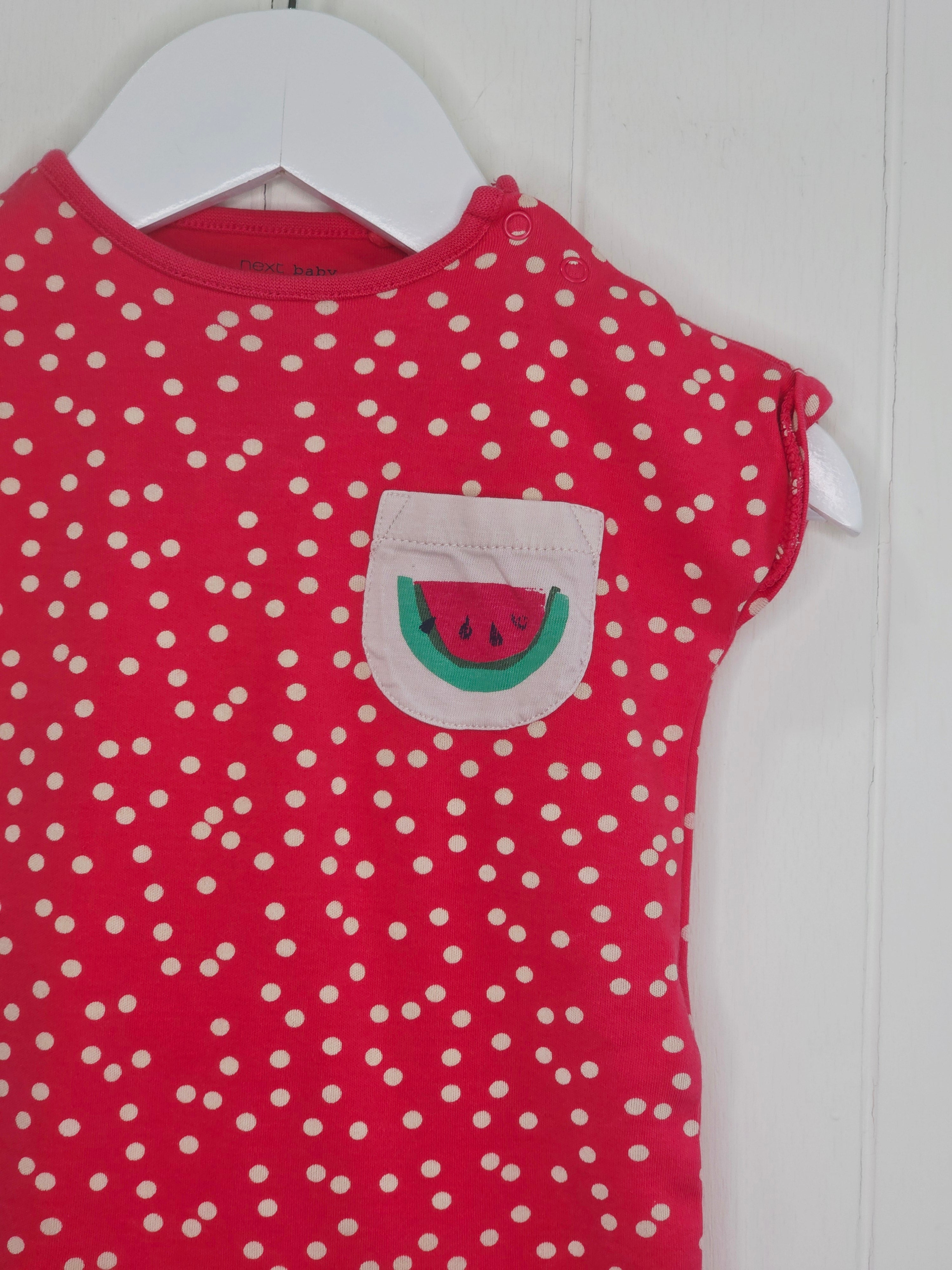 Next - up to 3 months girls red polka dot romper with watermelon pocket